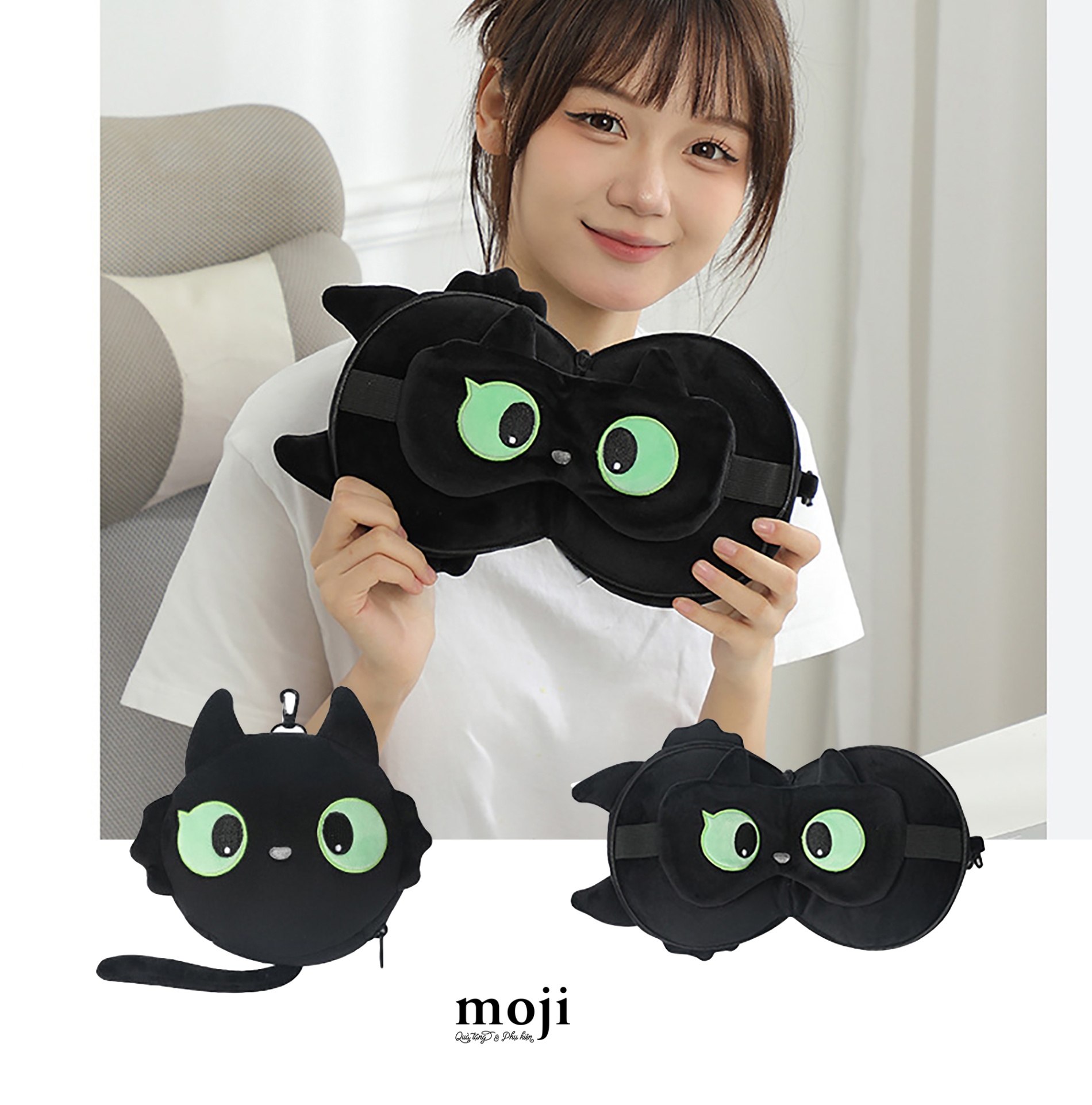 Gối kê cổ kèm bịt mắt gấp gọn Black cat big eyes mắt xanh có tai