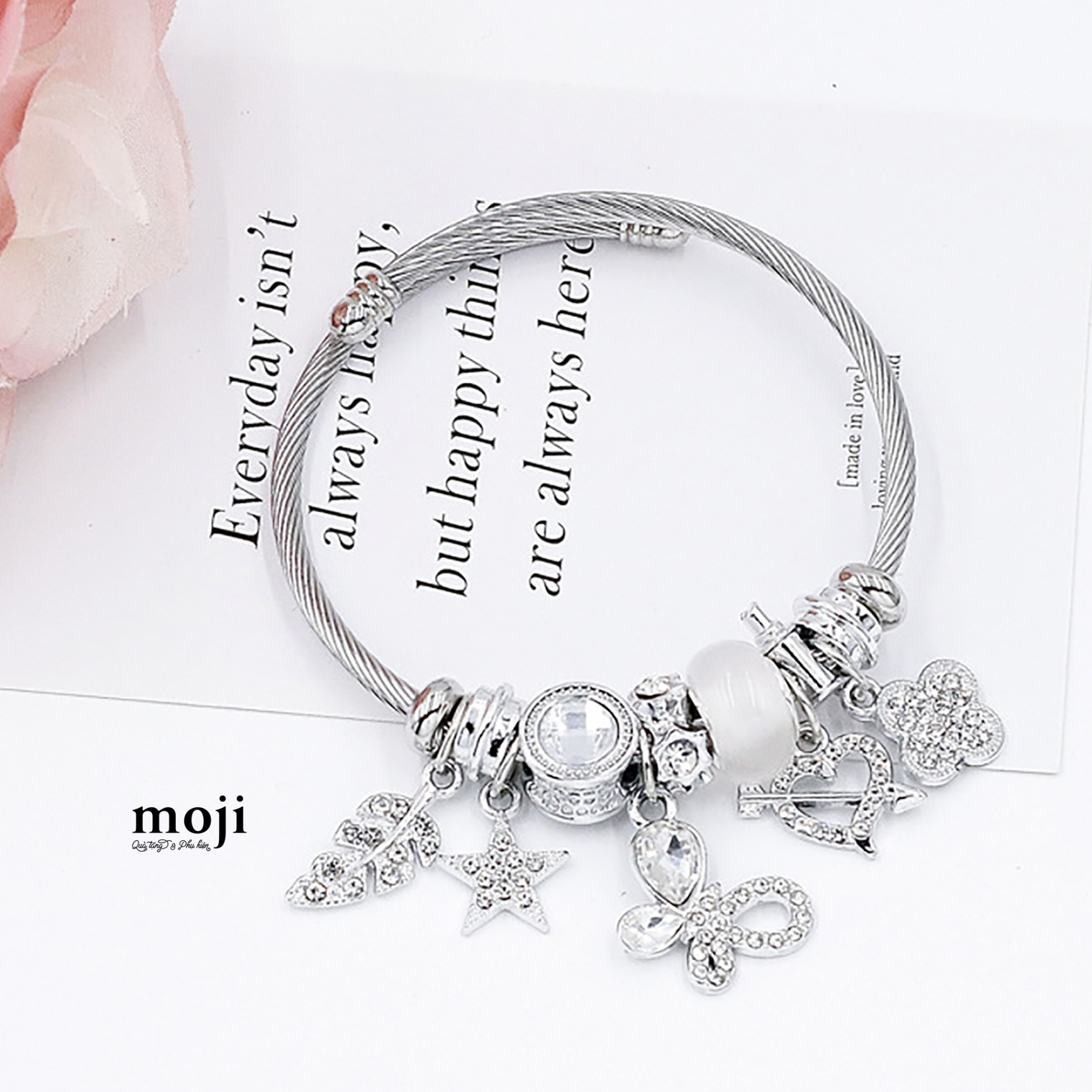 Vòng tay charm Butterfly heart leaf star cỏ may mắn đính đá