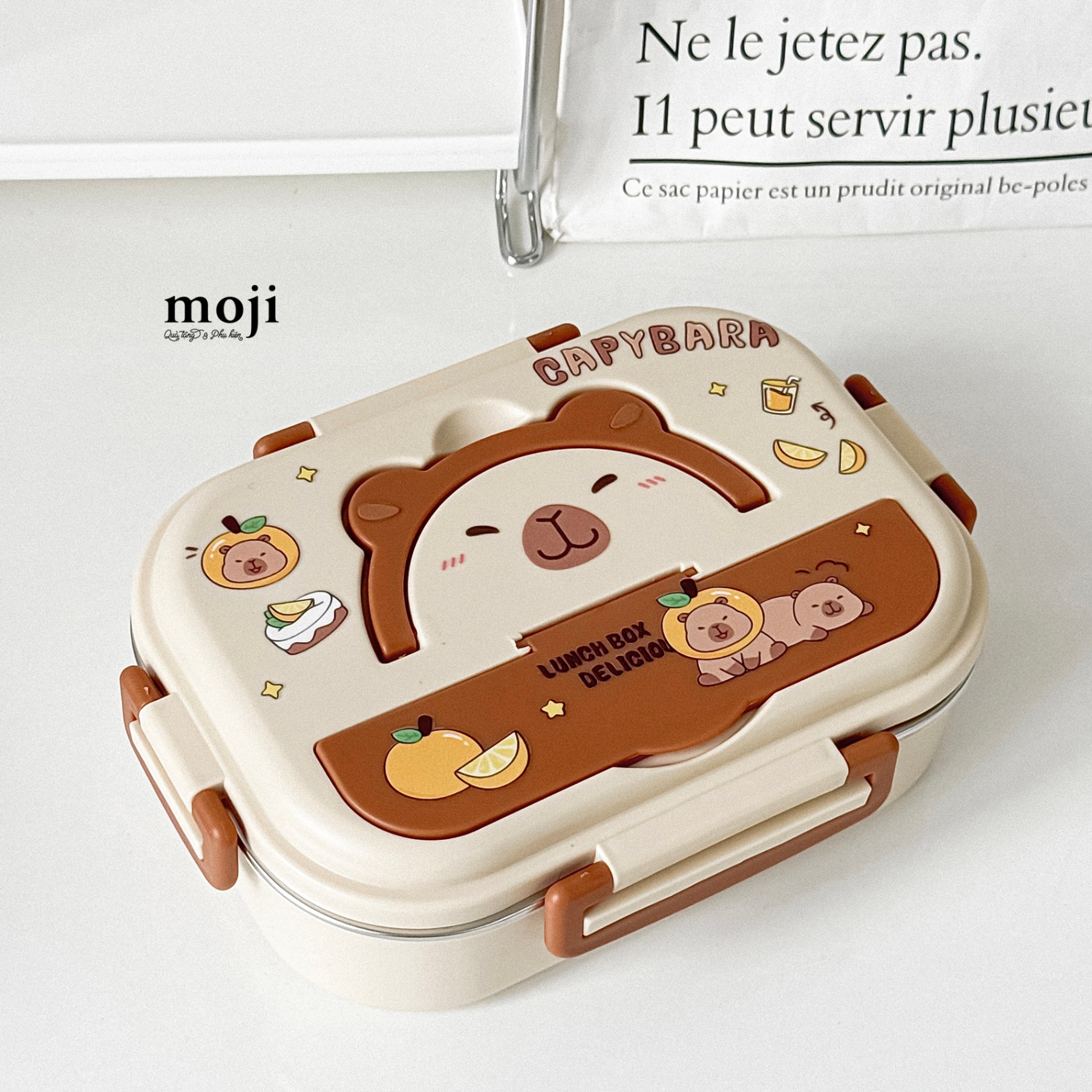 Hộp cơm inox lunch box tay cầm tai gấu 3 ngăn kèm sticker 7x16x23