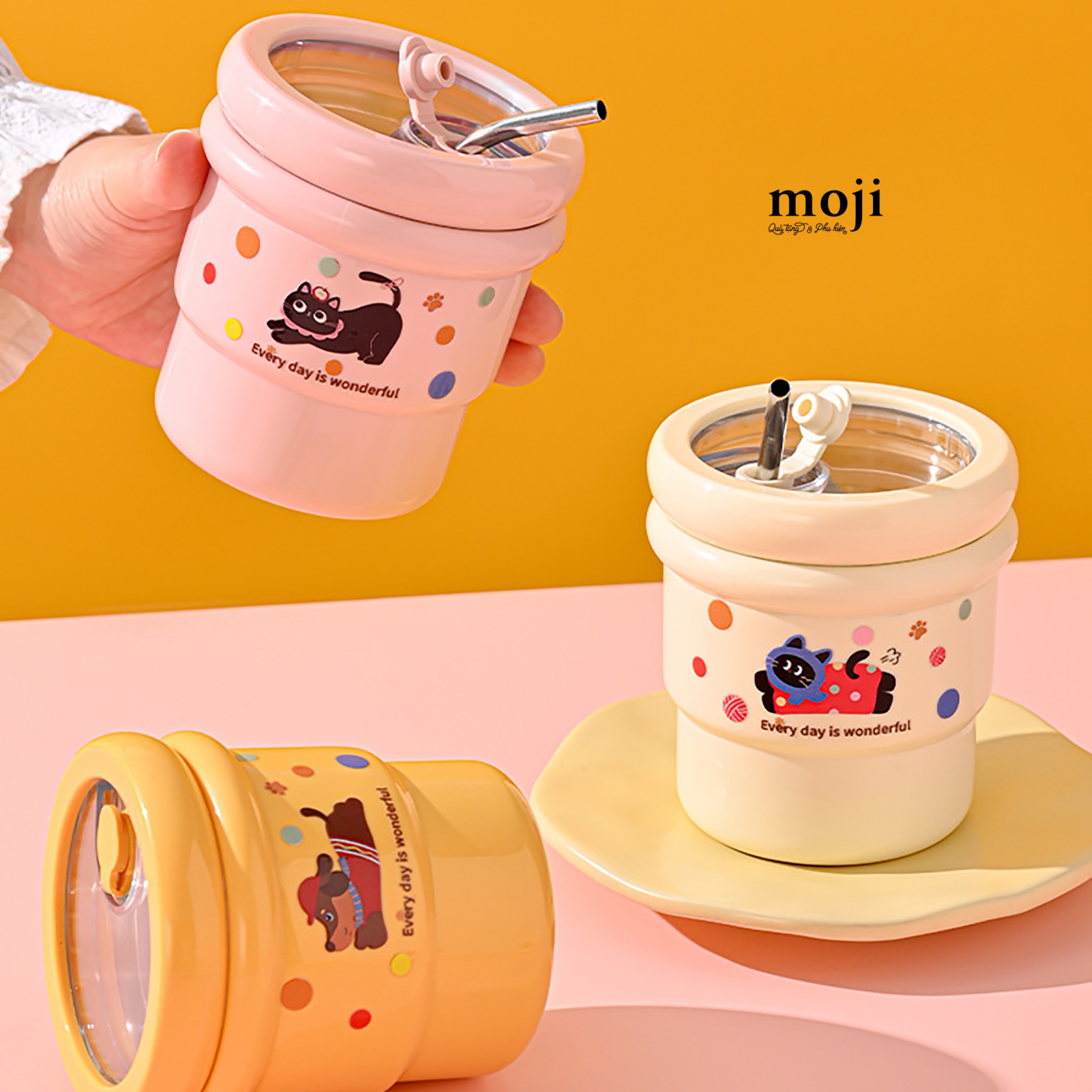 Ly cốc inox basic viền nổi kèm sticker kèm ống hút 420ml