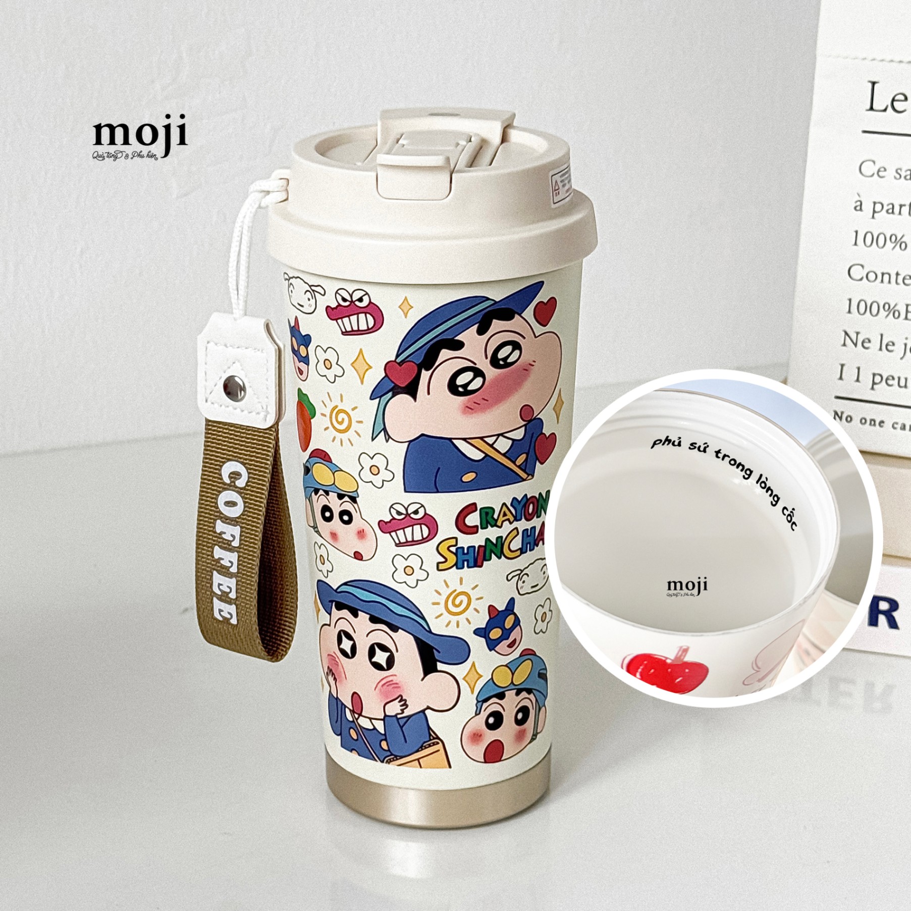 Ly cốc giữ nhiệt phủ sứ Crayon Shinchan sunny day 500ml