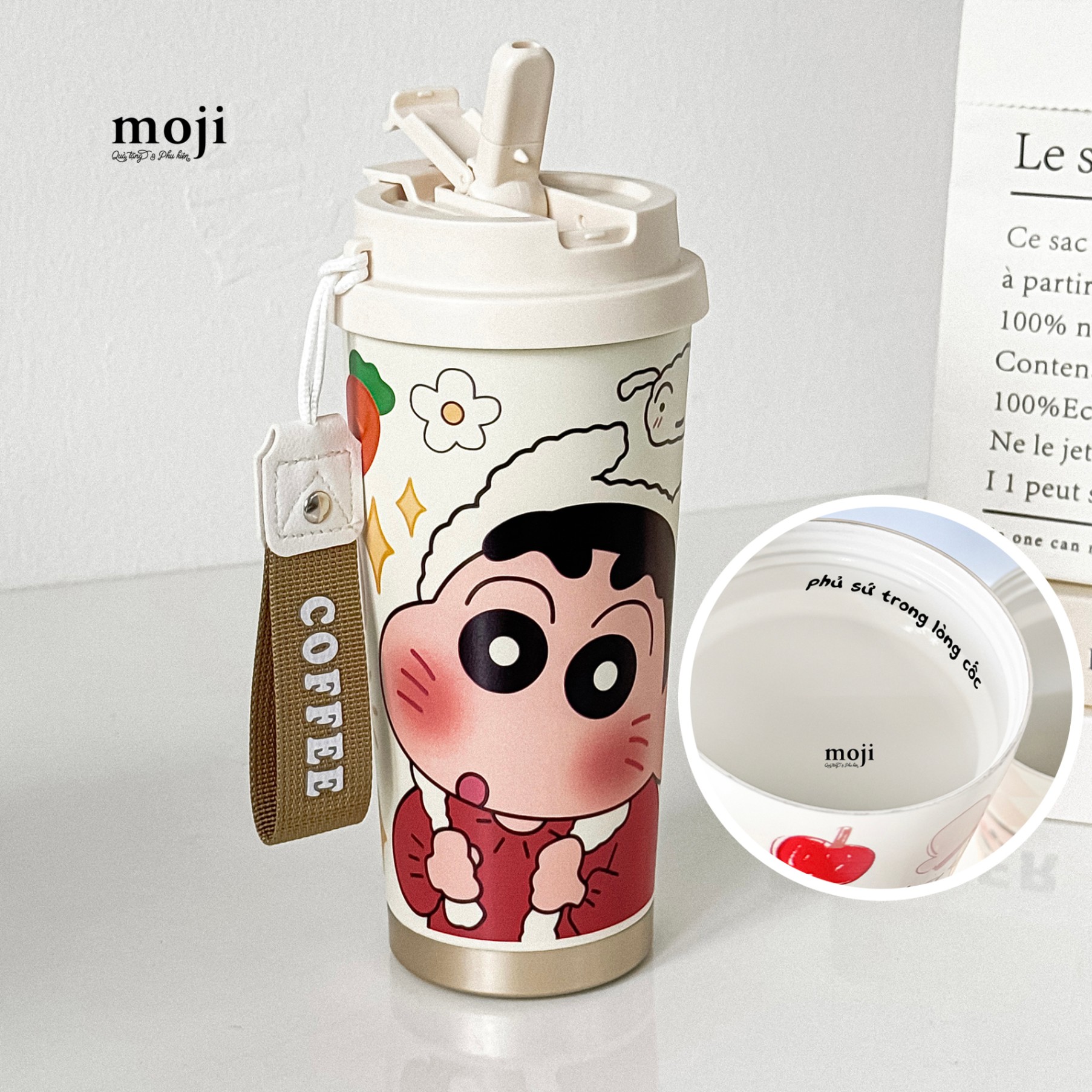 Ly cốc giữ nhiệt phủ sứ Shinchan cosplay Shiro dog 500ml