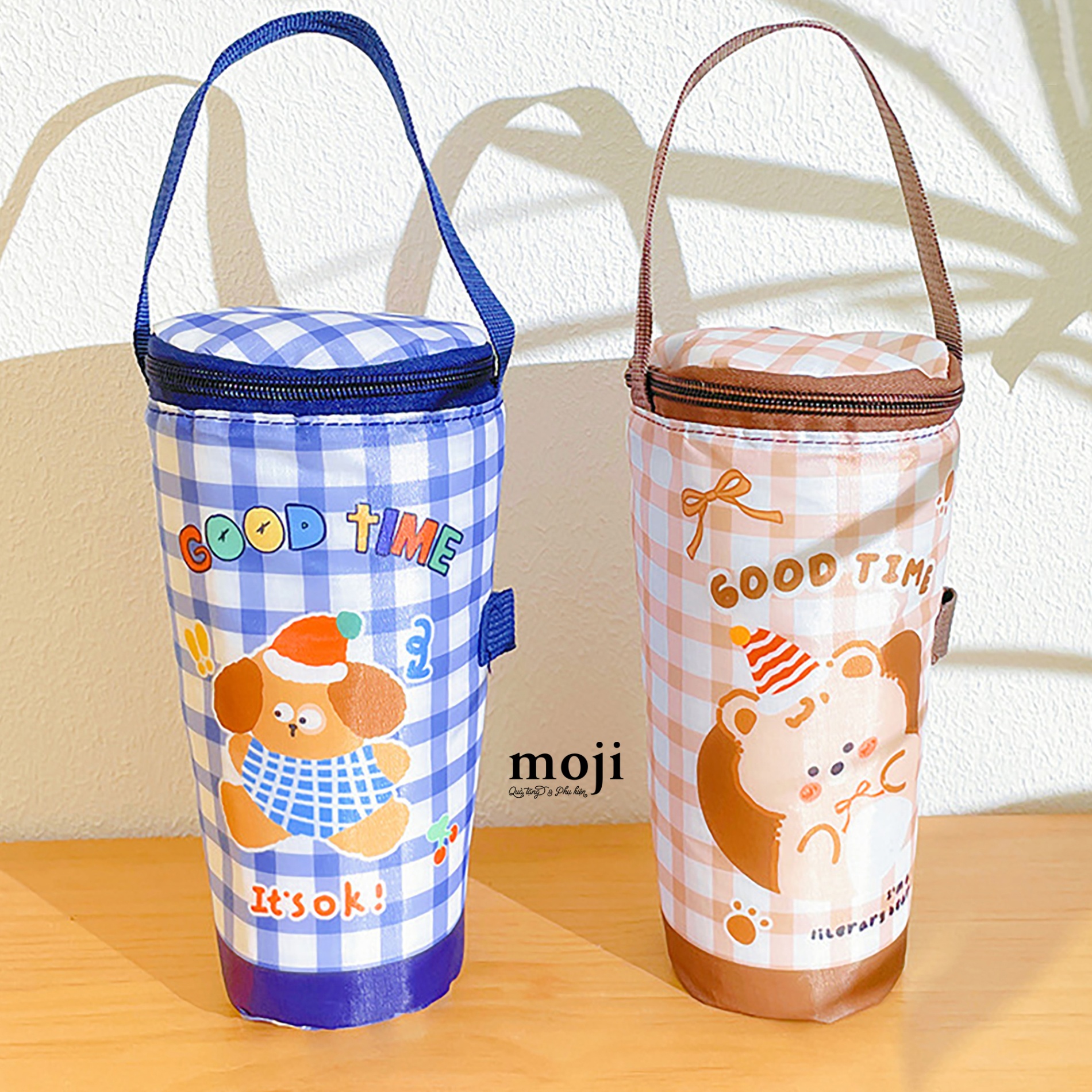 Túi đựng bình nước giữ nhiệt Cute animal good time nice day nền kẻ ô 7x20