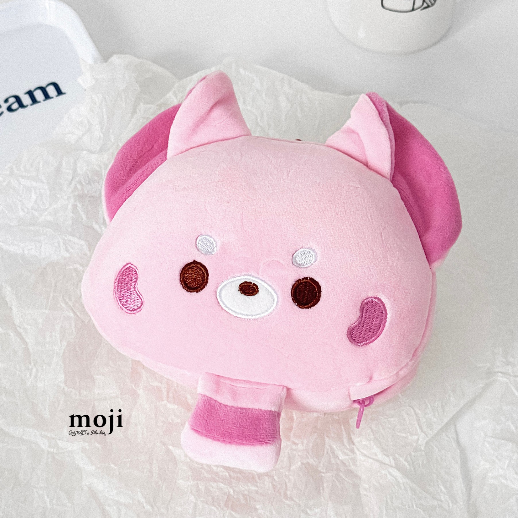 A.716 Miếng che bịt mắt khi ngủ kết hợp gối ngủ văn phòng mini, loại 2 trong 1 Gấu trúc đỏ Red Panda face màu hồng có tai đuôi dài