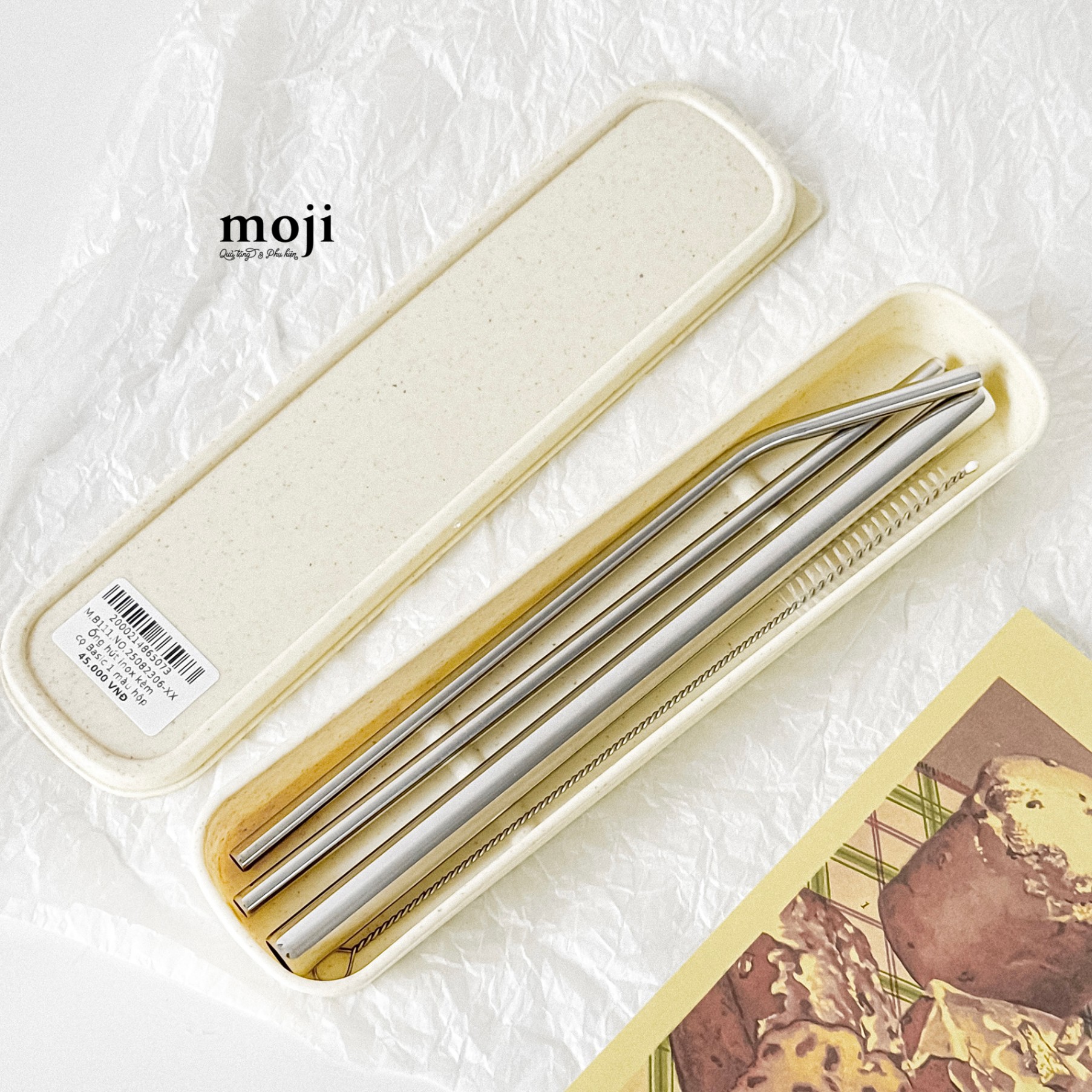 Ống hút inox kèm cọ Basic 1 màu hộp đựng set4