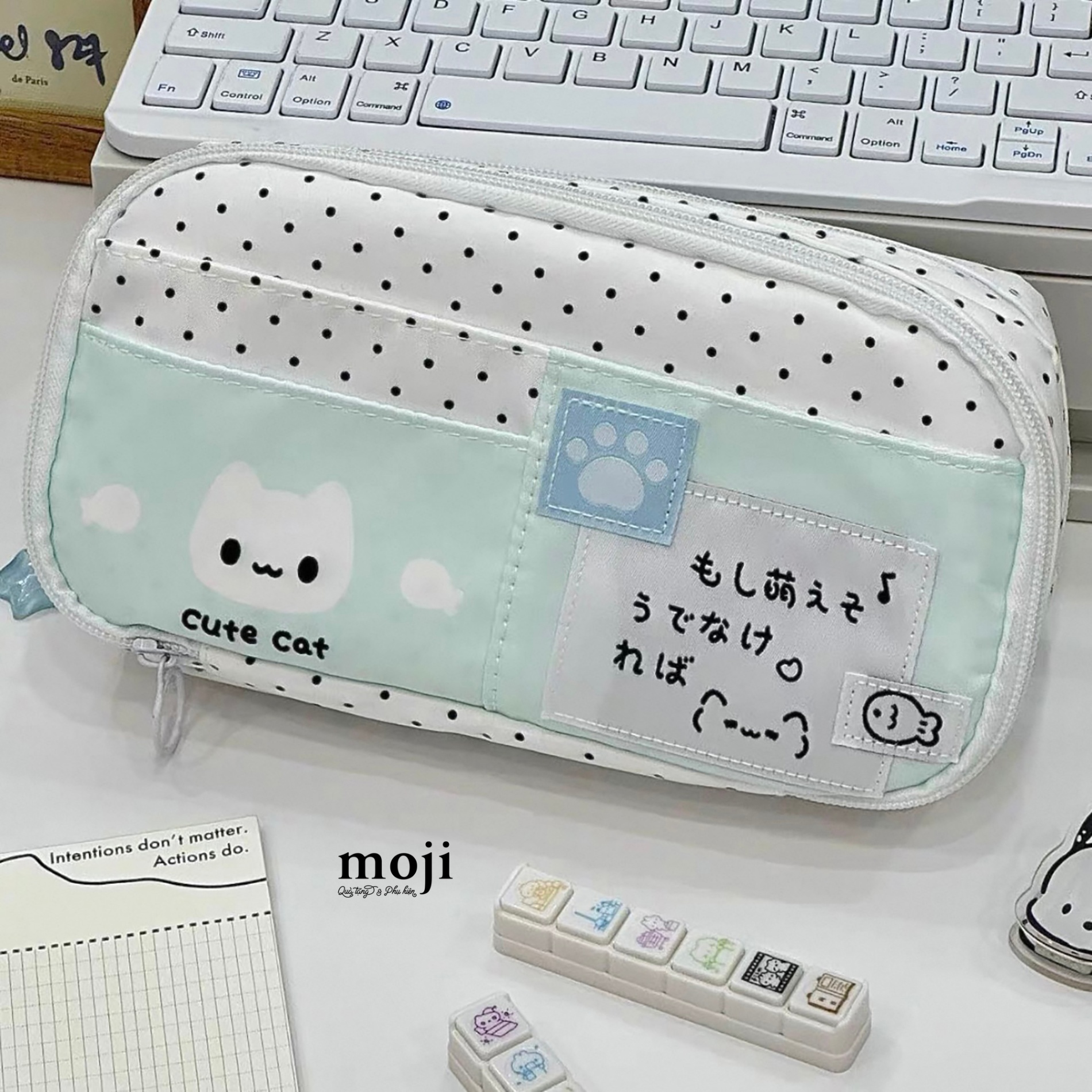 Hộp bút lớn Cute cat and fish chấm bi 6x11x21