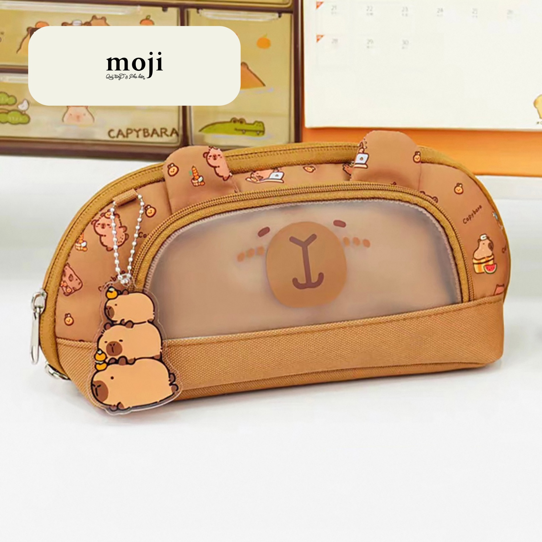 Hộp bút lớn Capybara playing time có tai ngăn trong suốt 10x25