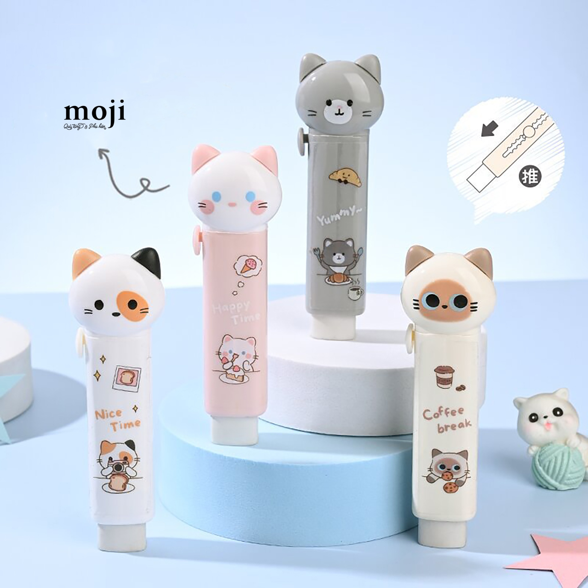 Cục tẩy gôm Cute cat tea break kèm phụ kiện