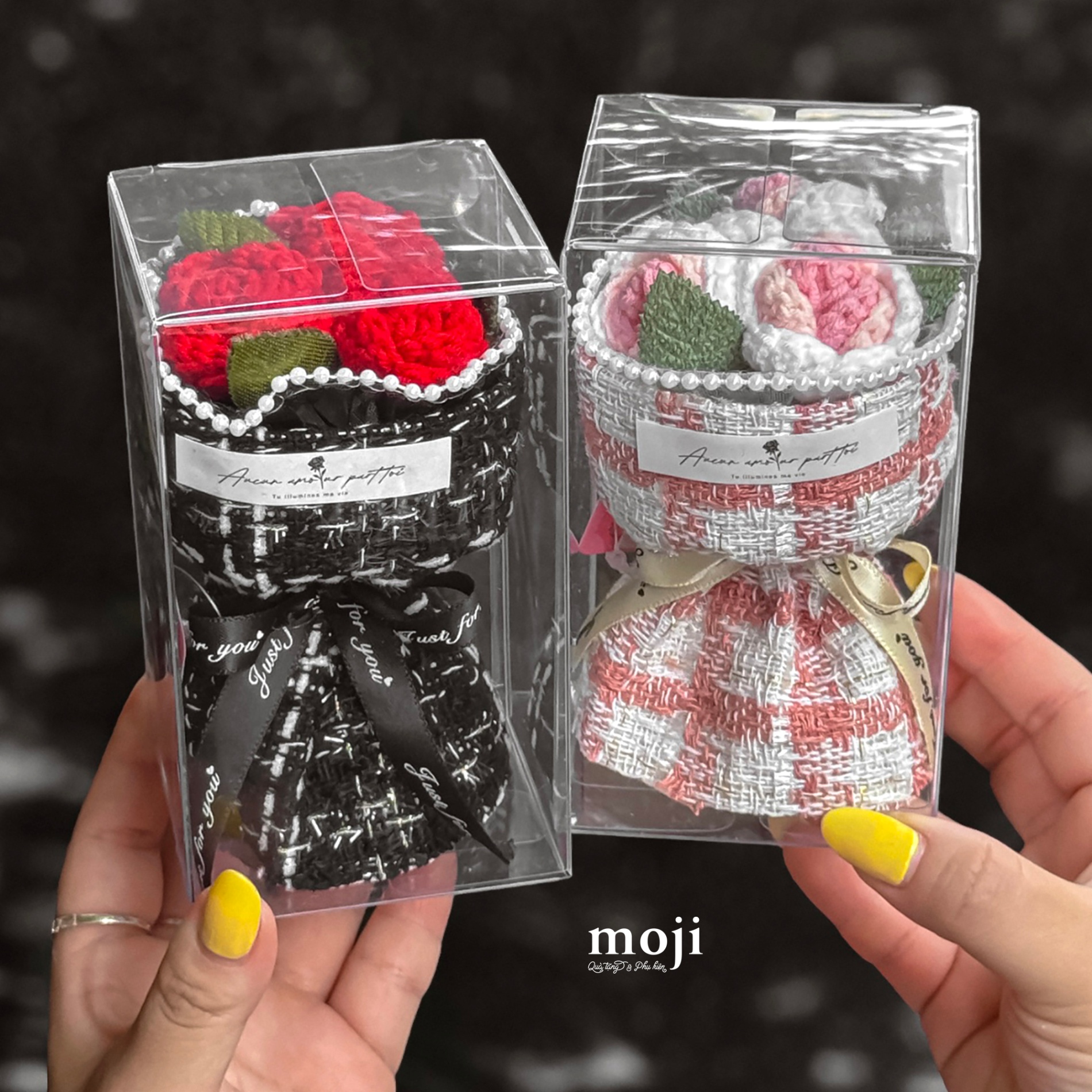 Hoa móc len hộp Hoa hồng 3 bông vải tweed 7x12