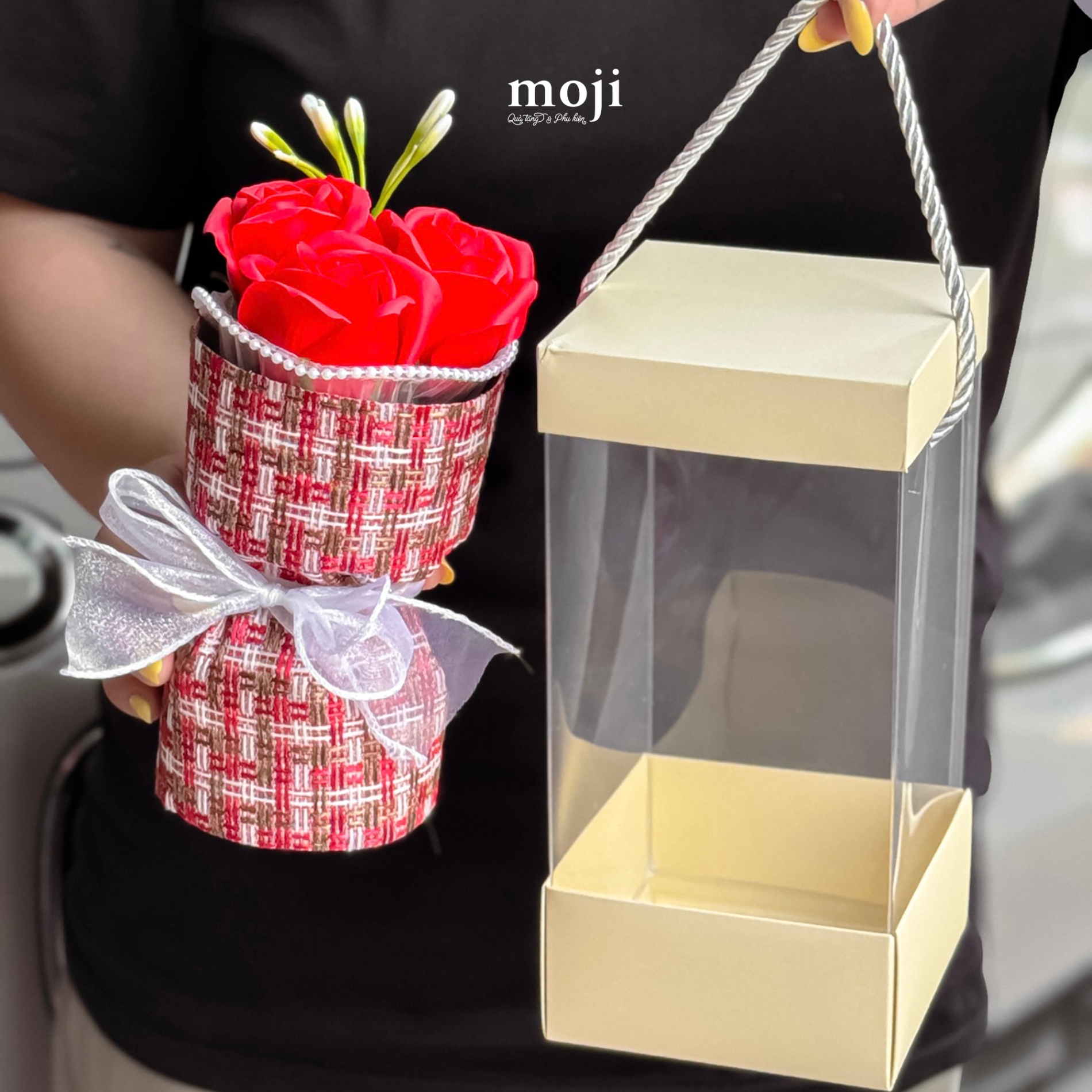 Hoa sáp hộp Hoa hồng chuỗi hạt vải tweed 3 bông 10x21