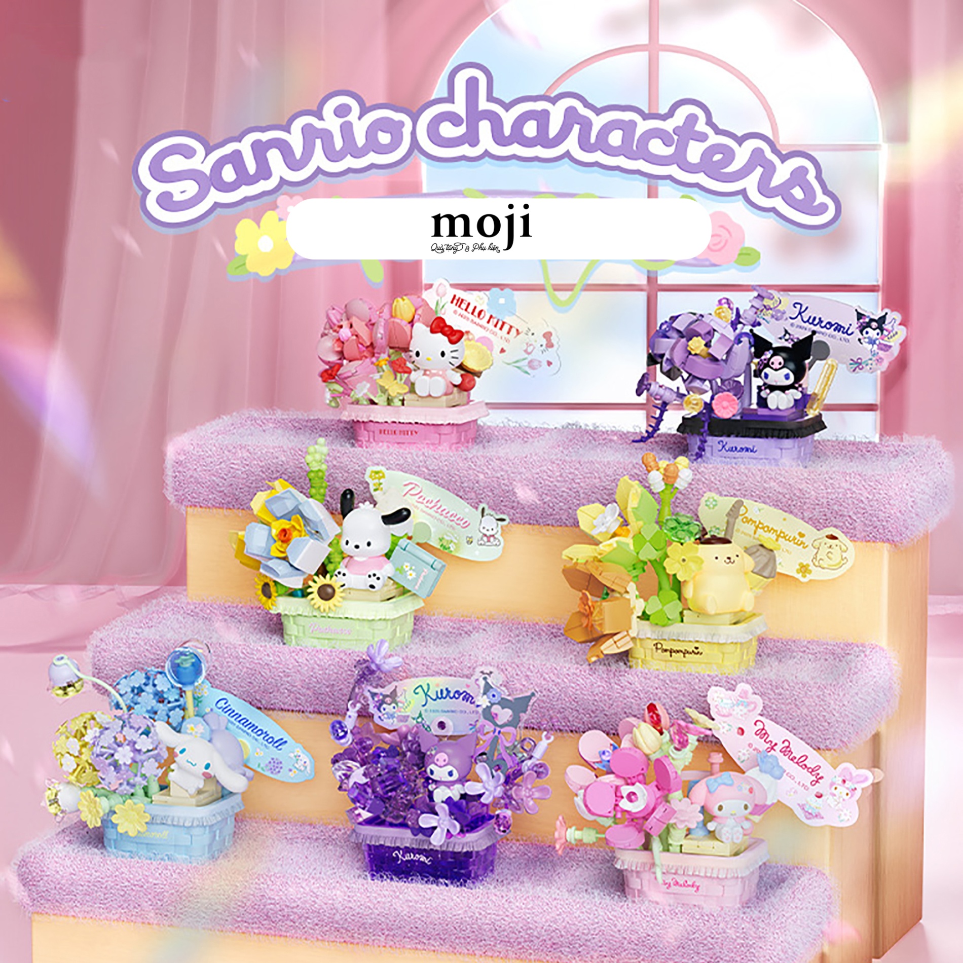 Blindbox xếp hình hoa Flower Sanrio family có chậu 9x9x14