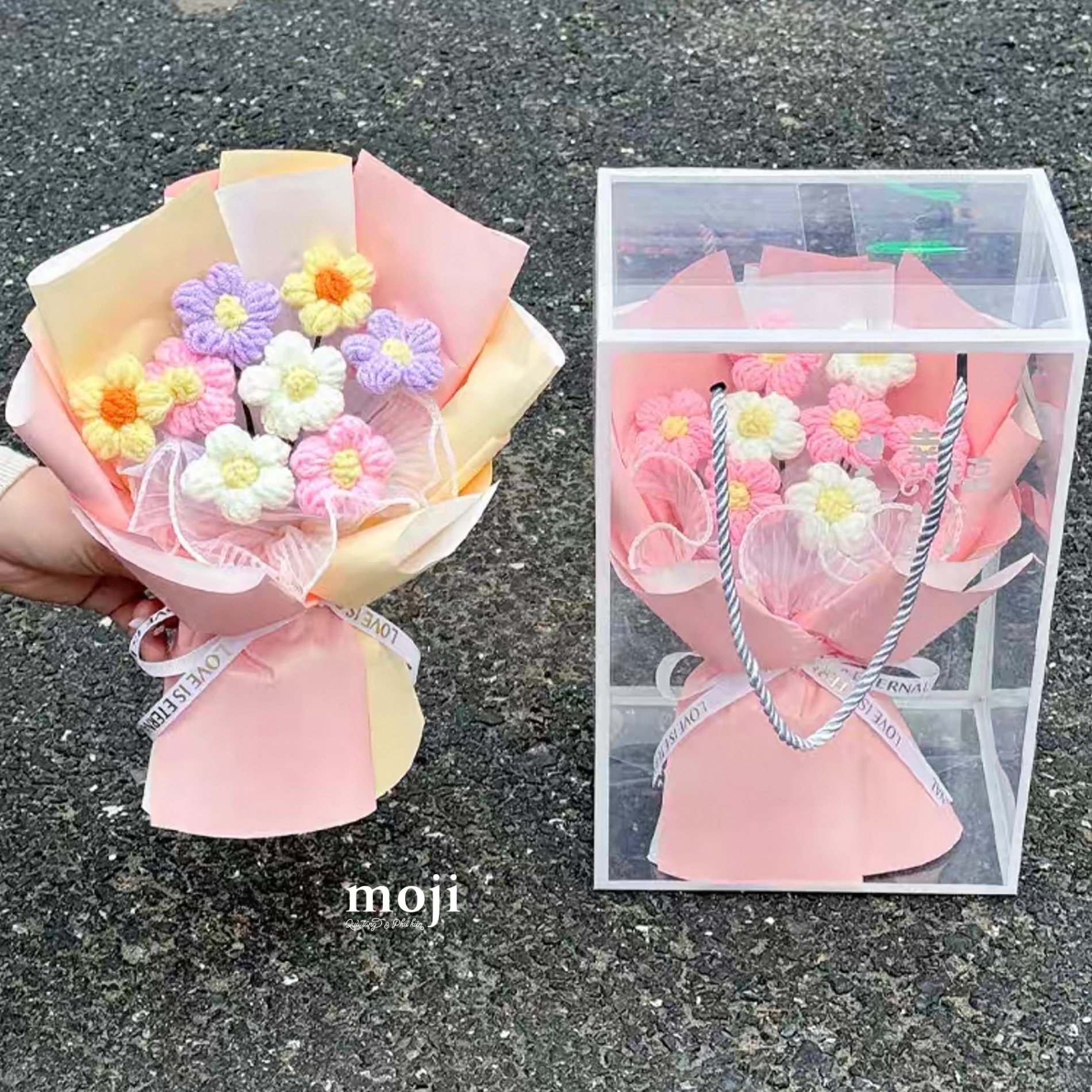 Hoa móc len hộp Basic flower phối màu 8 bông có đèn 28cm