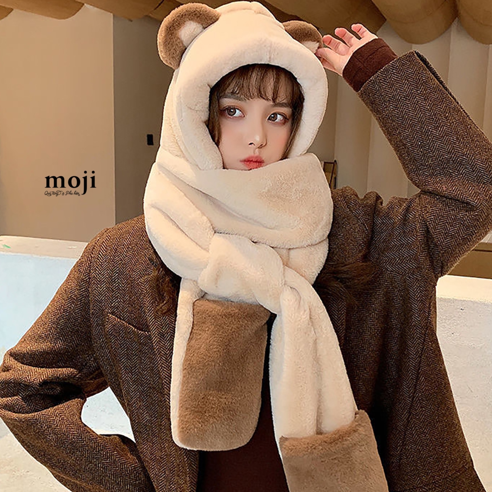 Khăn len kèm mũ và bao tay Baby bear tai gấu phối màu