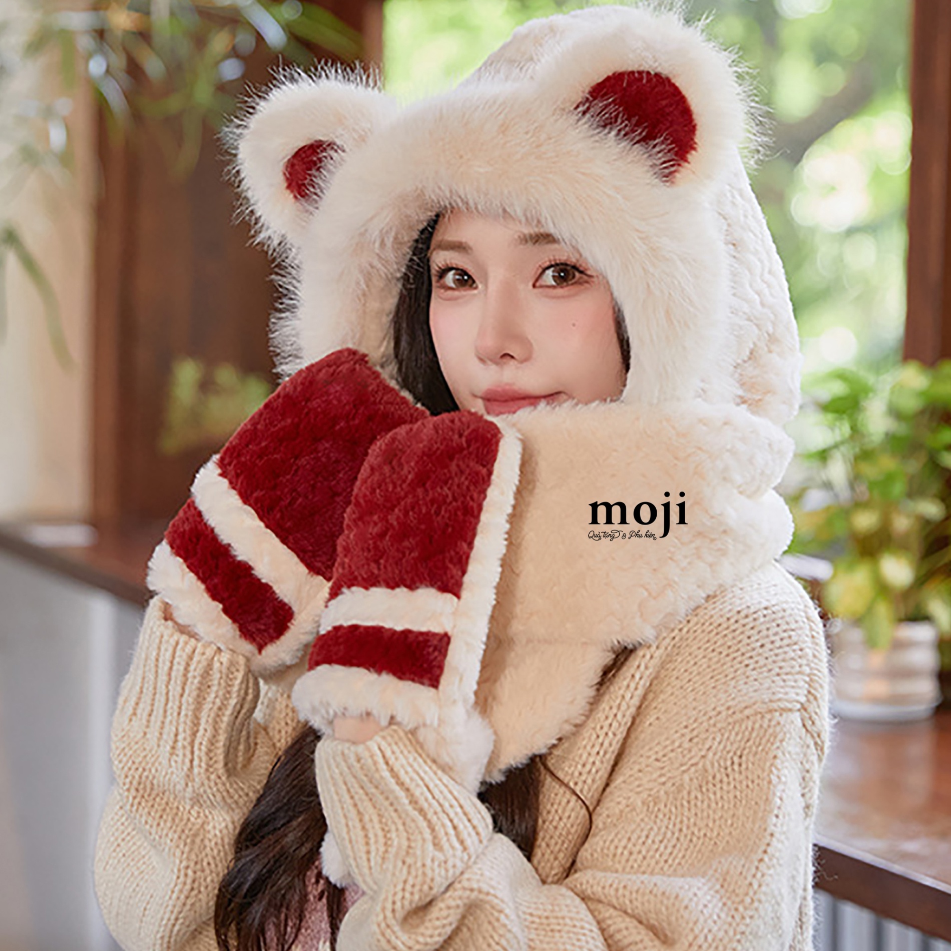 Khăn len kèm mũ và bao tay Baby Bear tai gấu phối màu wavy style