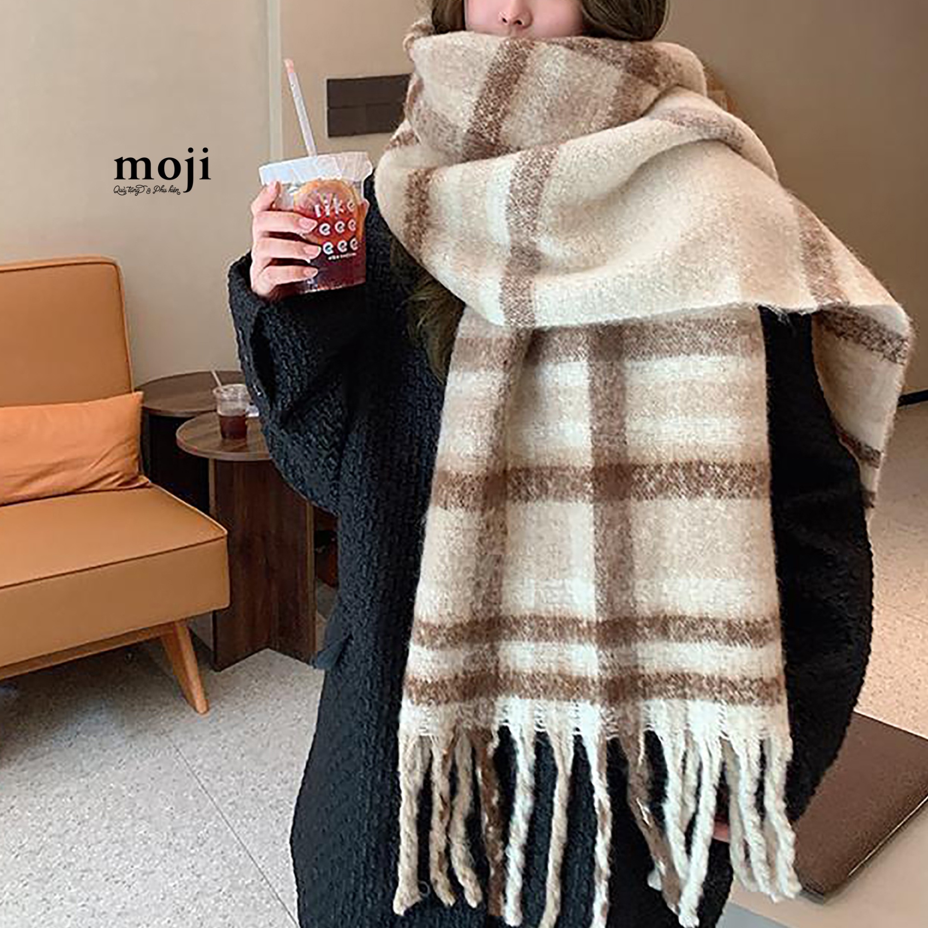 Khăn len cashmere Kẻ ô vuông lớn loang màu caro pattern tua rua 40x240