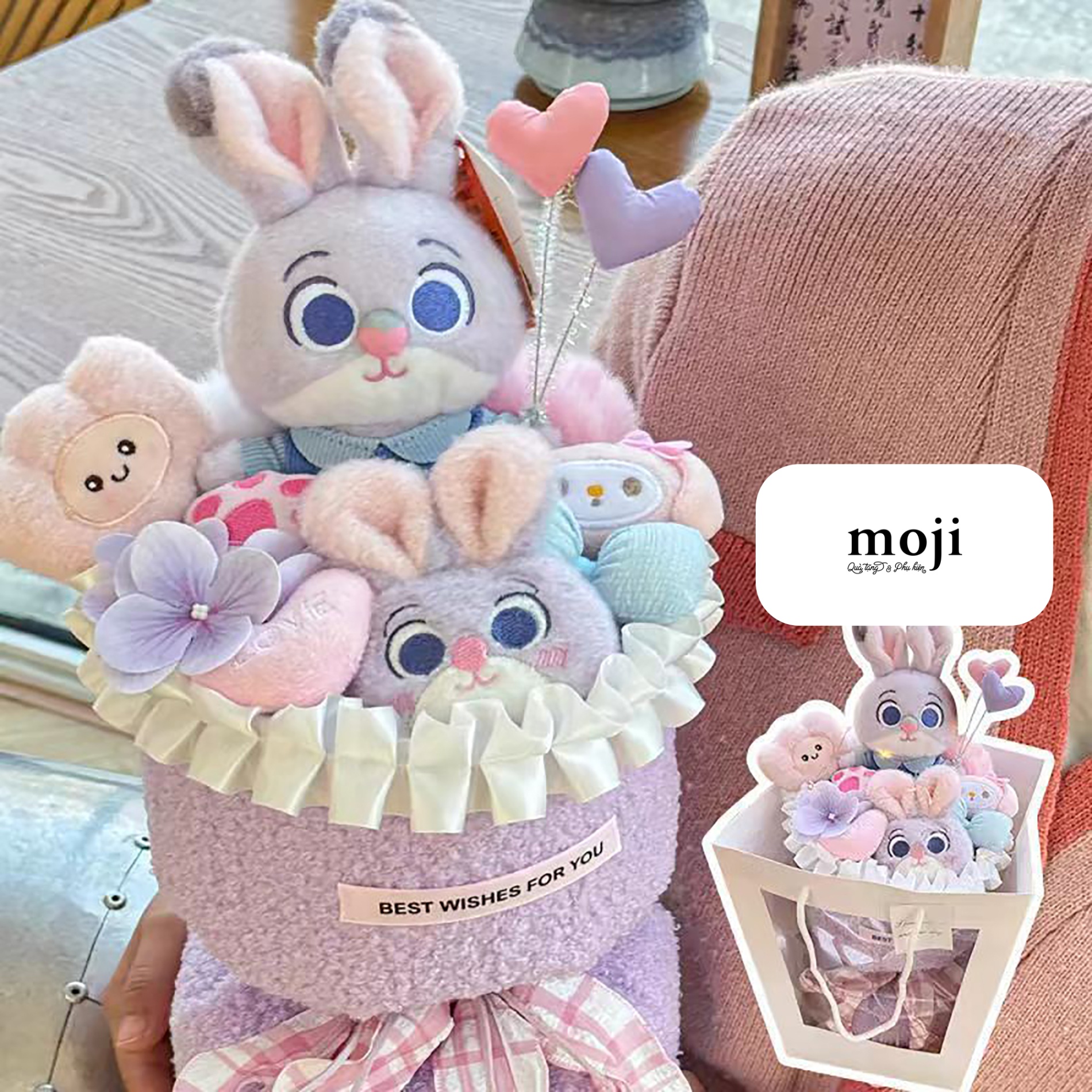 Hoa gấu bông bó Zootopia Judy flower heart bow kèm túi thiệp 20x35