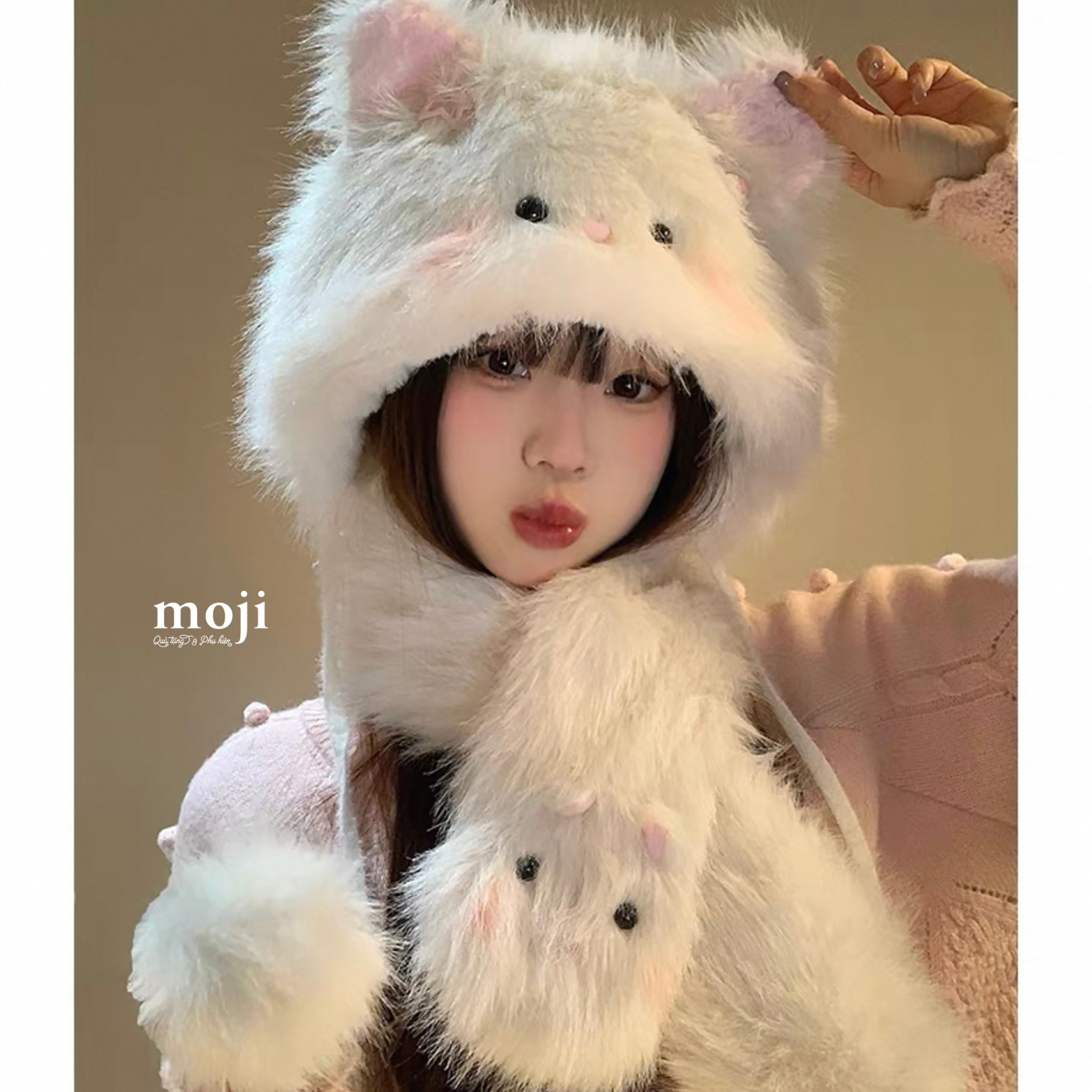 Khăn len kèm mũ Cute cat star mắt nổi