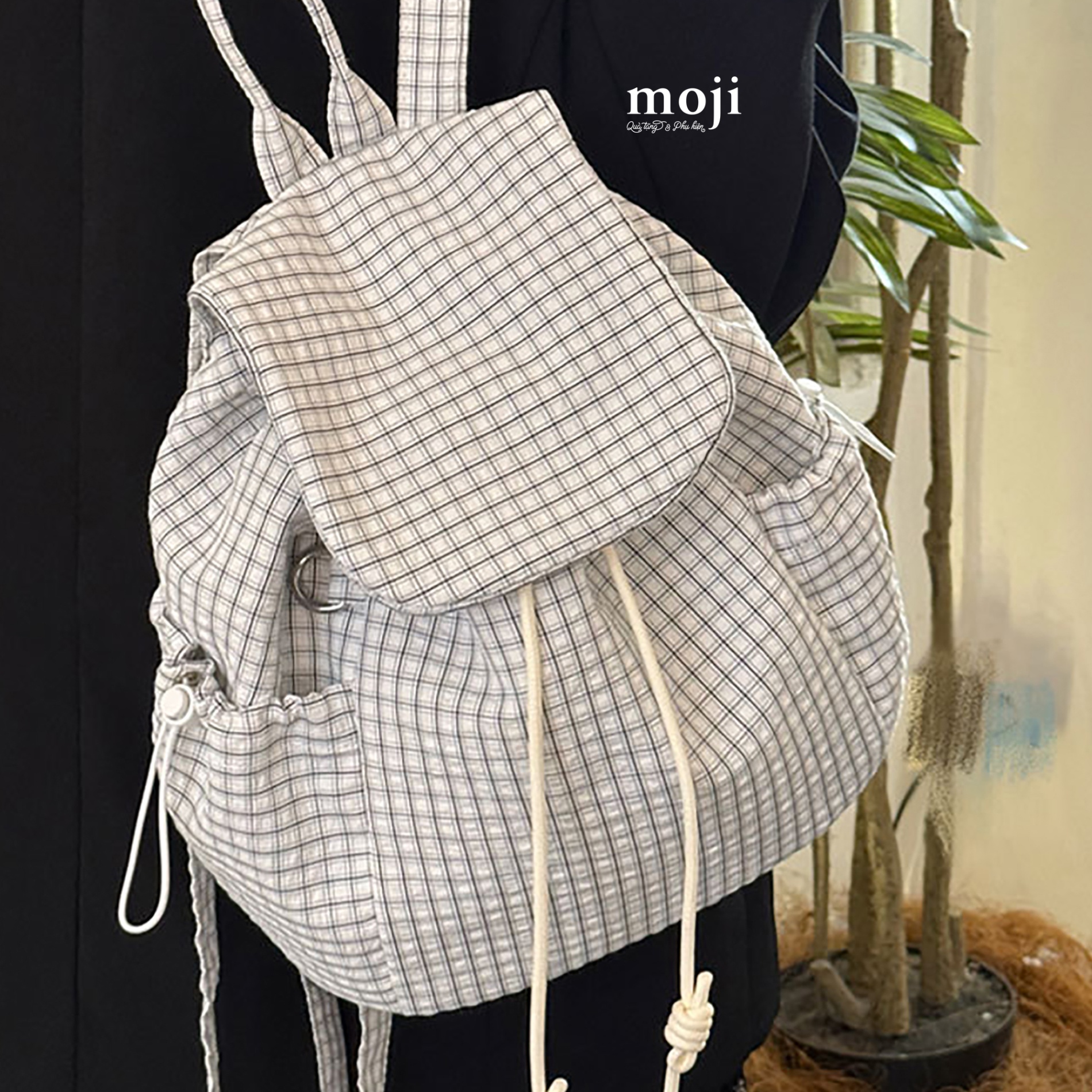 B.110 Balo vải Caro gingham dây rút nắp gập 15x28x32