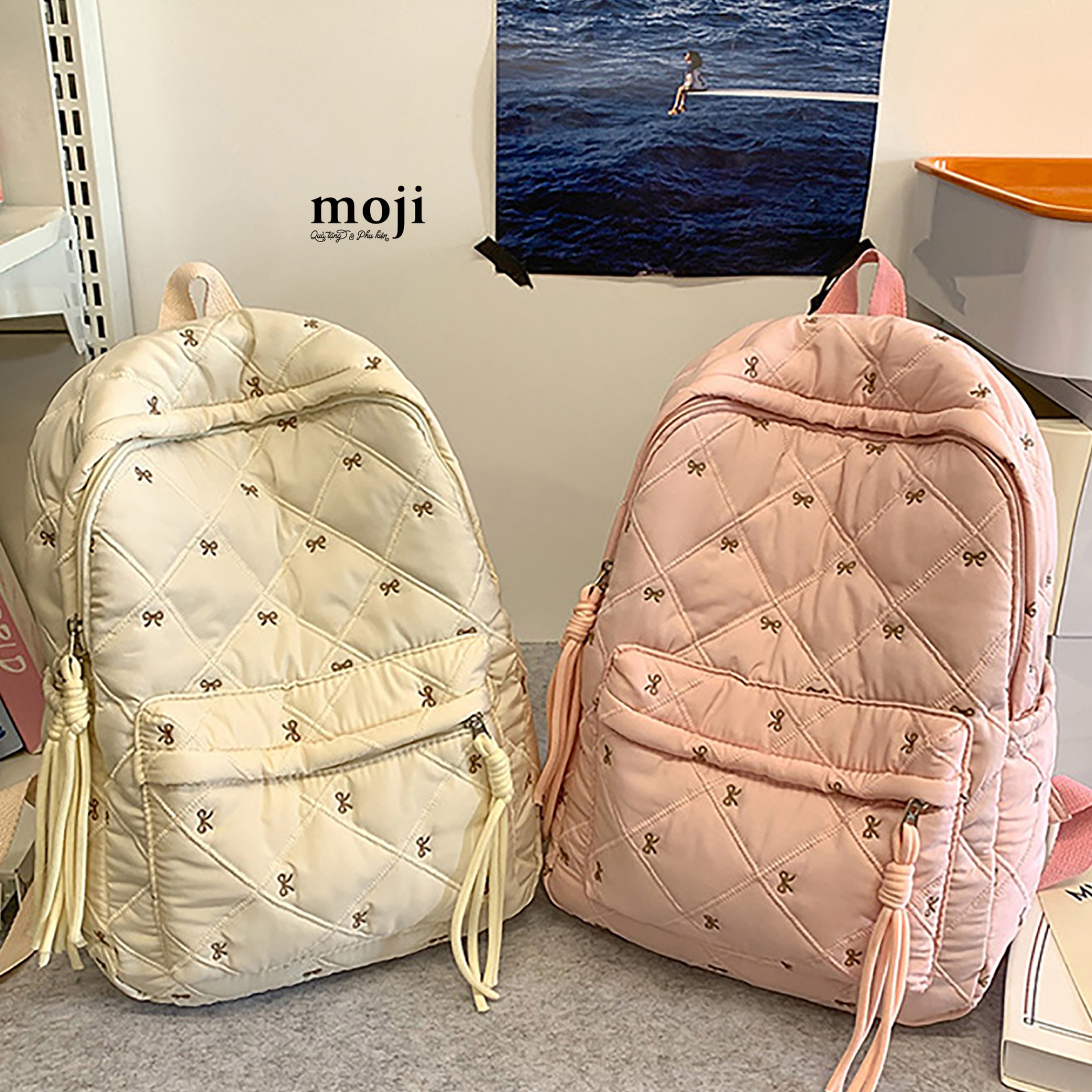 B.110 Balo vải Puffy Bow nơ nền màu 32x38