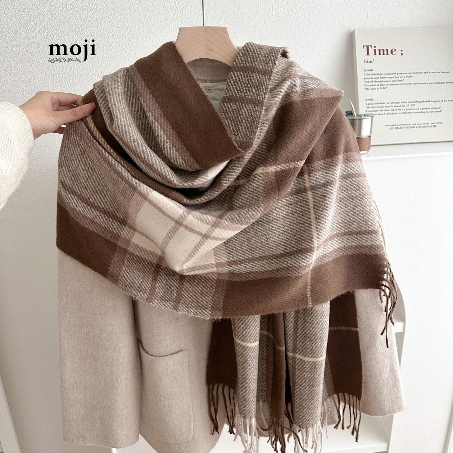 Khăn len cashmere Plaid Pattern kẻ ô phối màu tua rua 67x180
