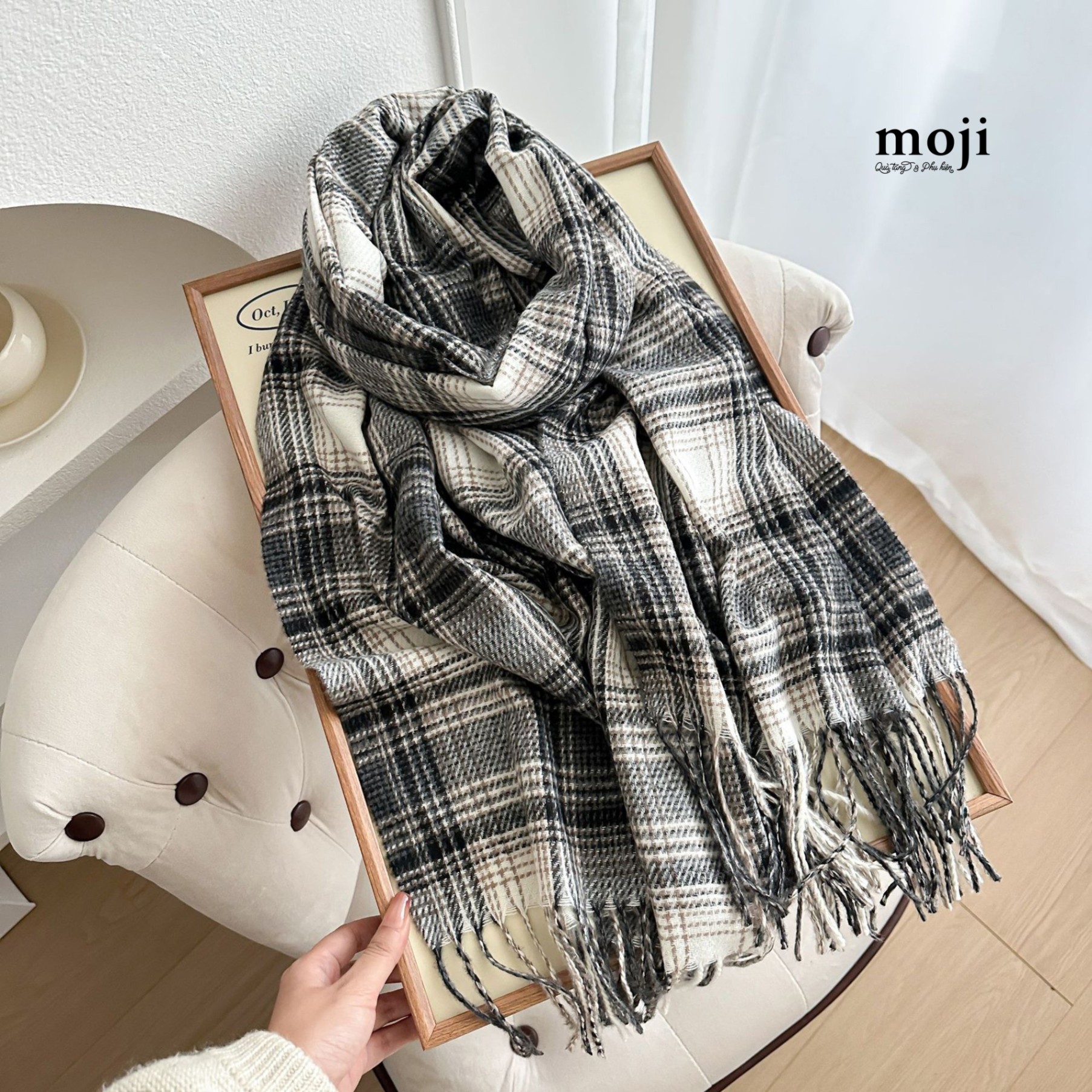 Khăn len cashmere Plaid pattern classical style tua rua 66x180