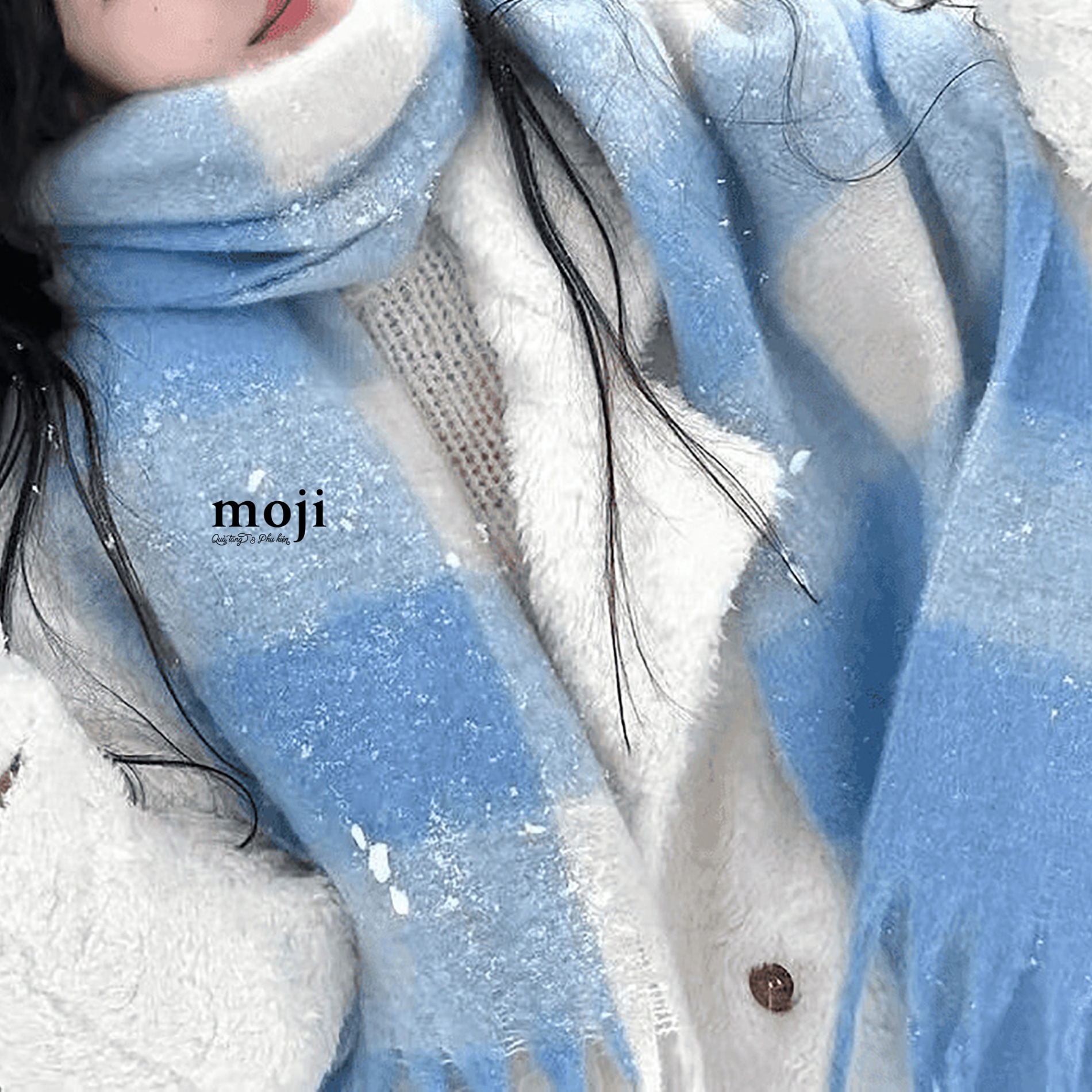 Khăn len cashmere Large square baby blue caro pattern tua rua 40x200cm