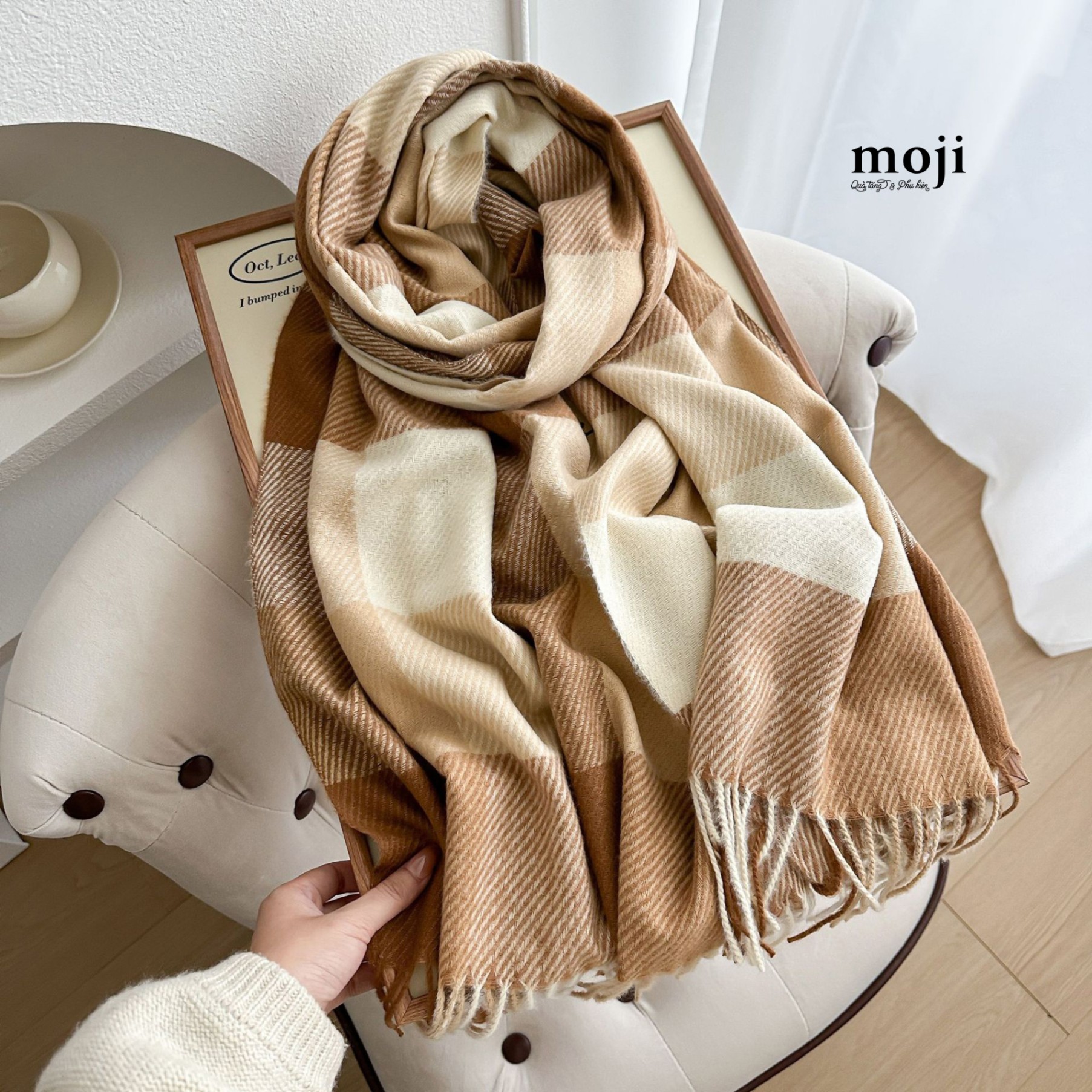 Khăn len cashmere Large square vân sọc chéo neutral color tua rua 66x180