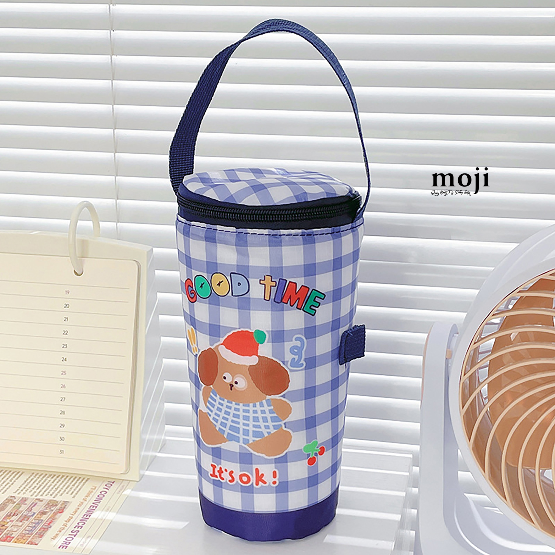 Túi đựng bình nước giữ nhiệt Cute dog good time nền caro 7x20