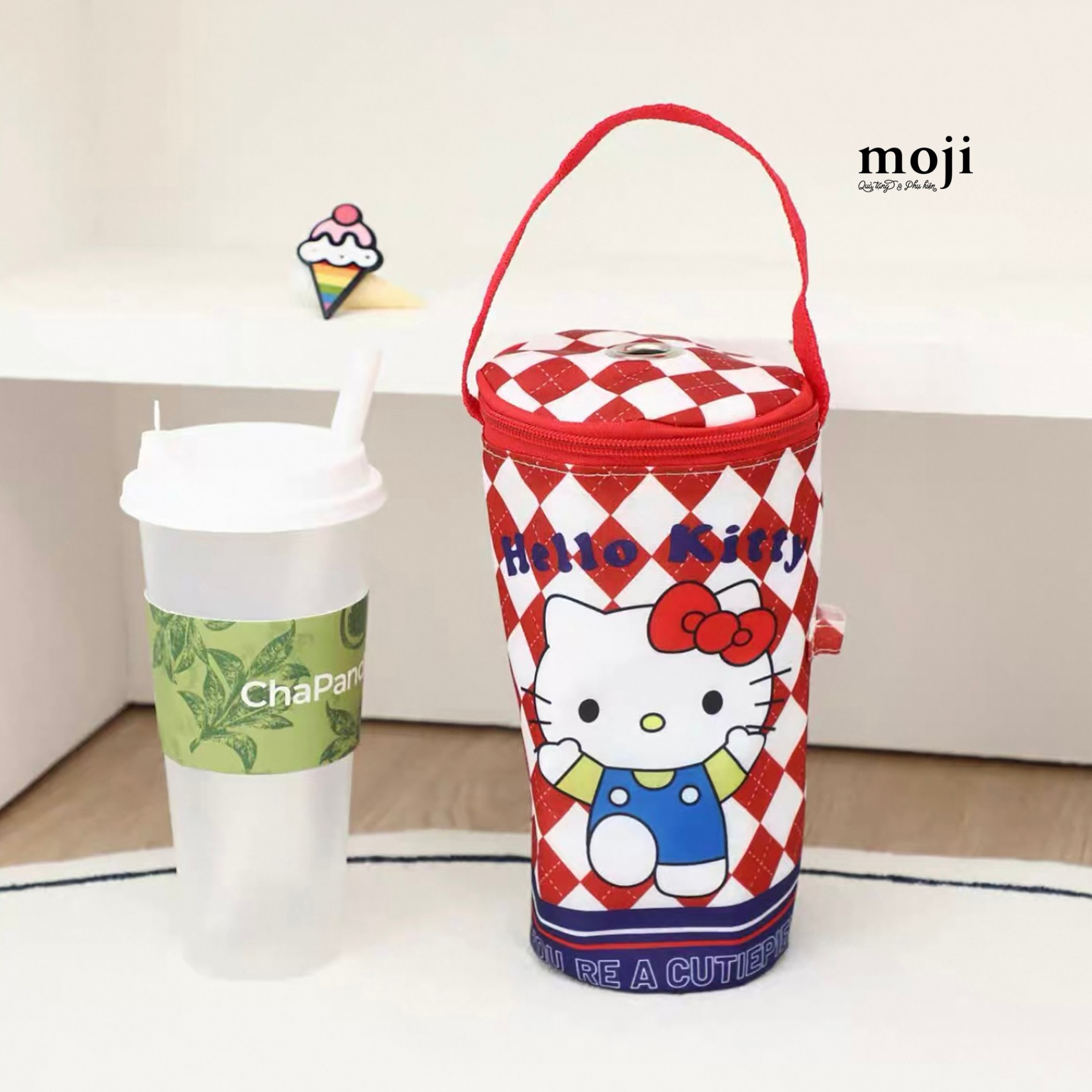 Túi đựng bình nước giữ nhiệt Sanrio Hello Kitty nhảy múa argyle pattern 7x21