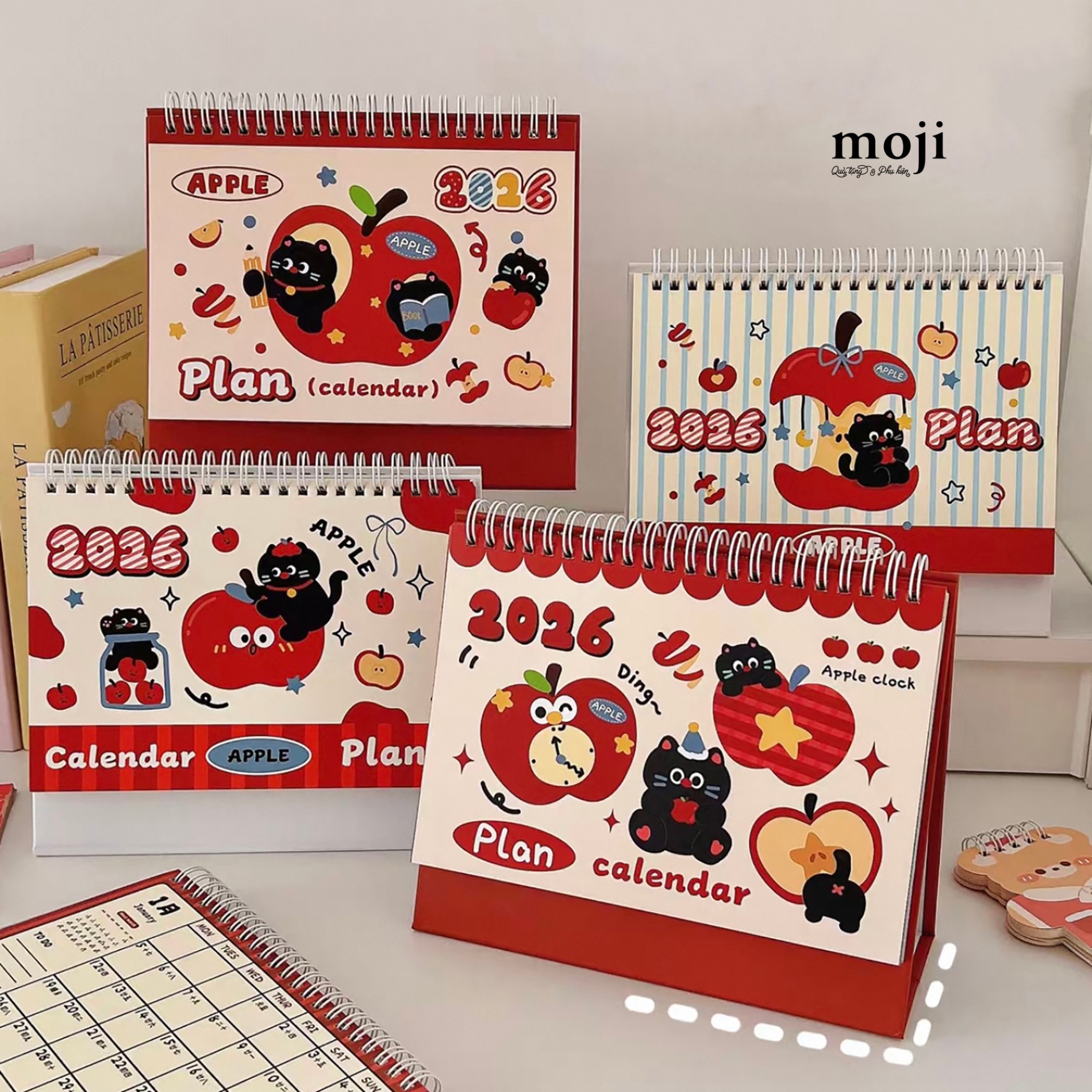 Lịch 2026 MJ để bàn Black cat red apple reading time 17x20