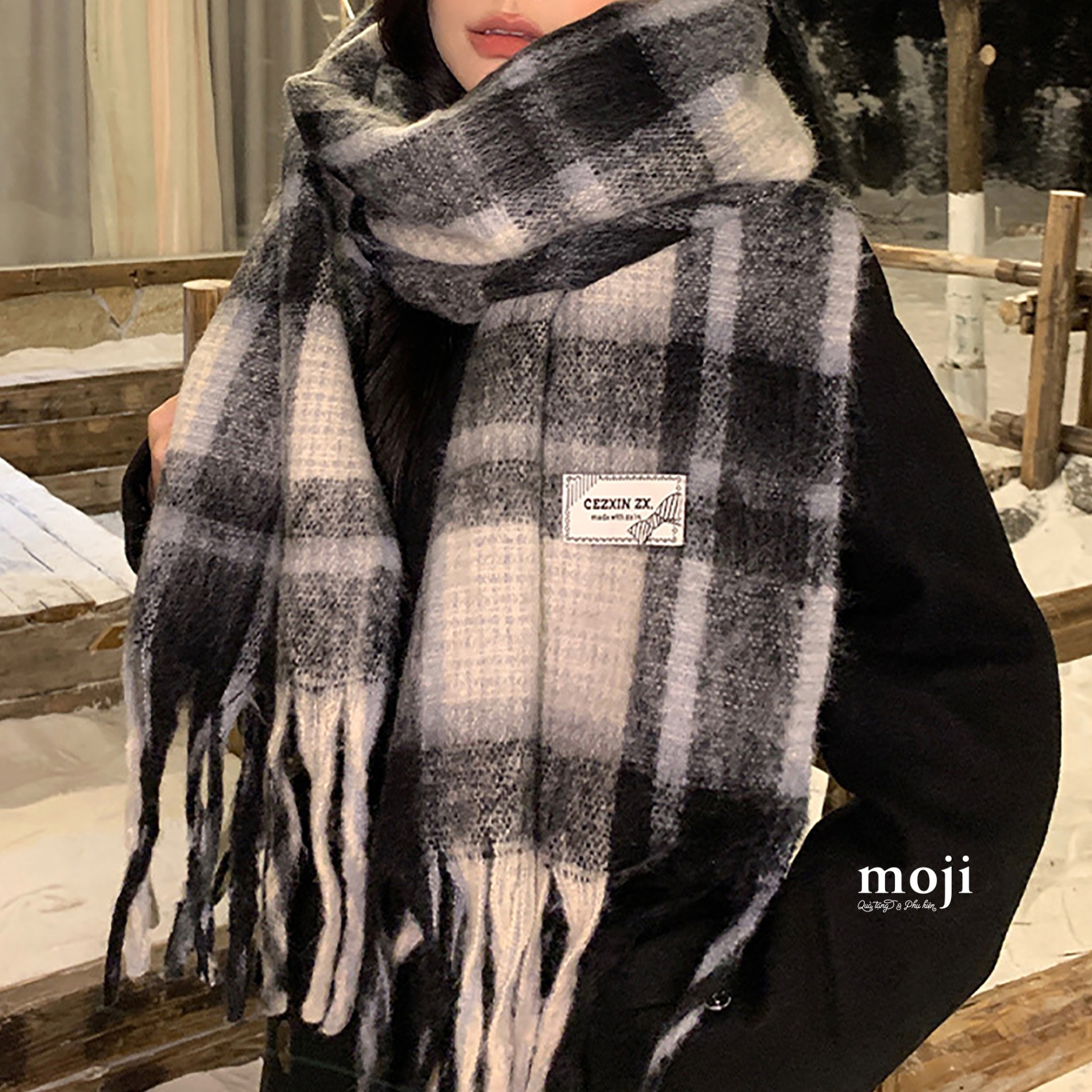 Khăn len cashmere Plaid pattern kẻ ô vuông to bản màu loang tua rua 50x230