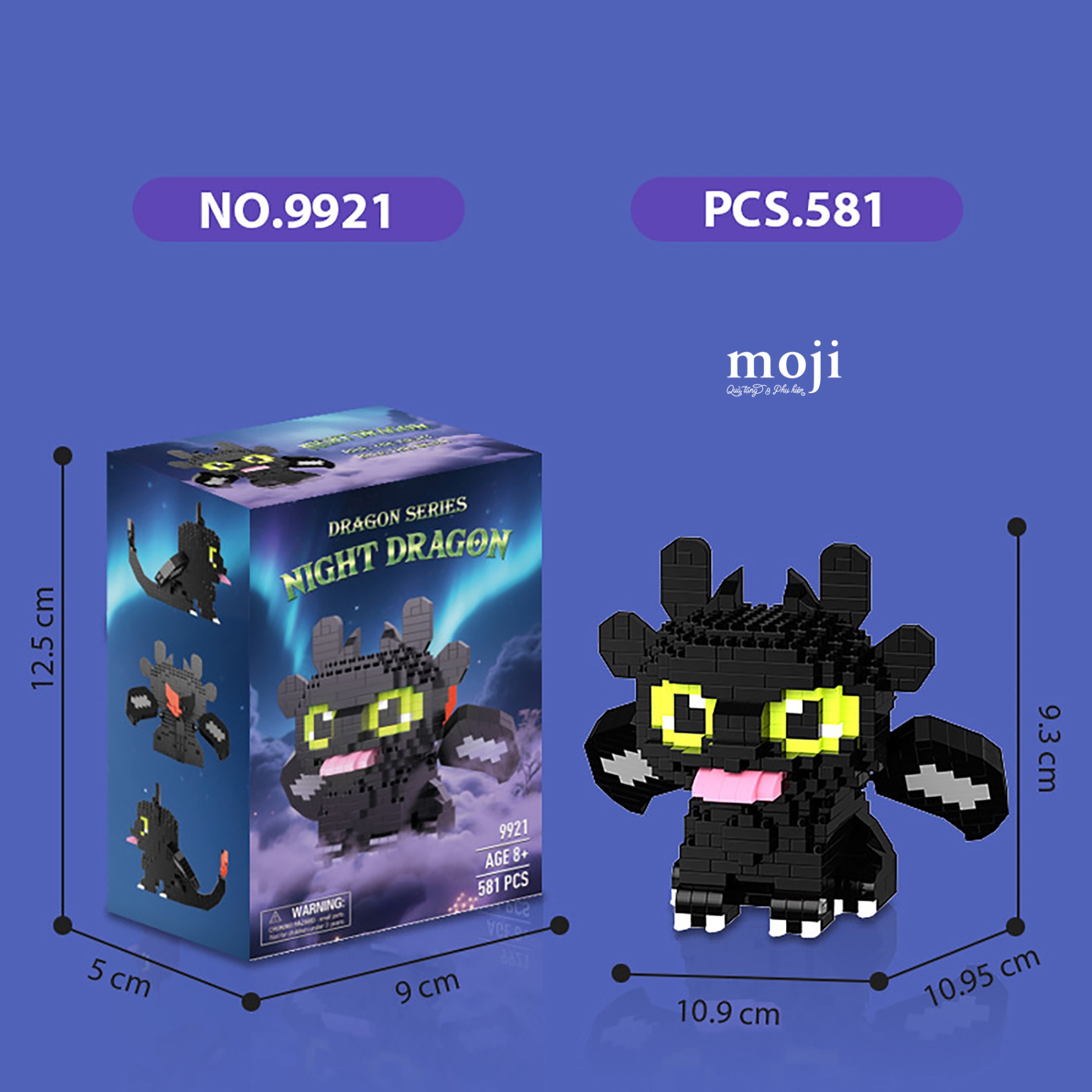 Đồ chơi xếp hình Rồng Night Fury Toothless Răng Sún đuôi dài 8x9x10