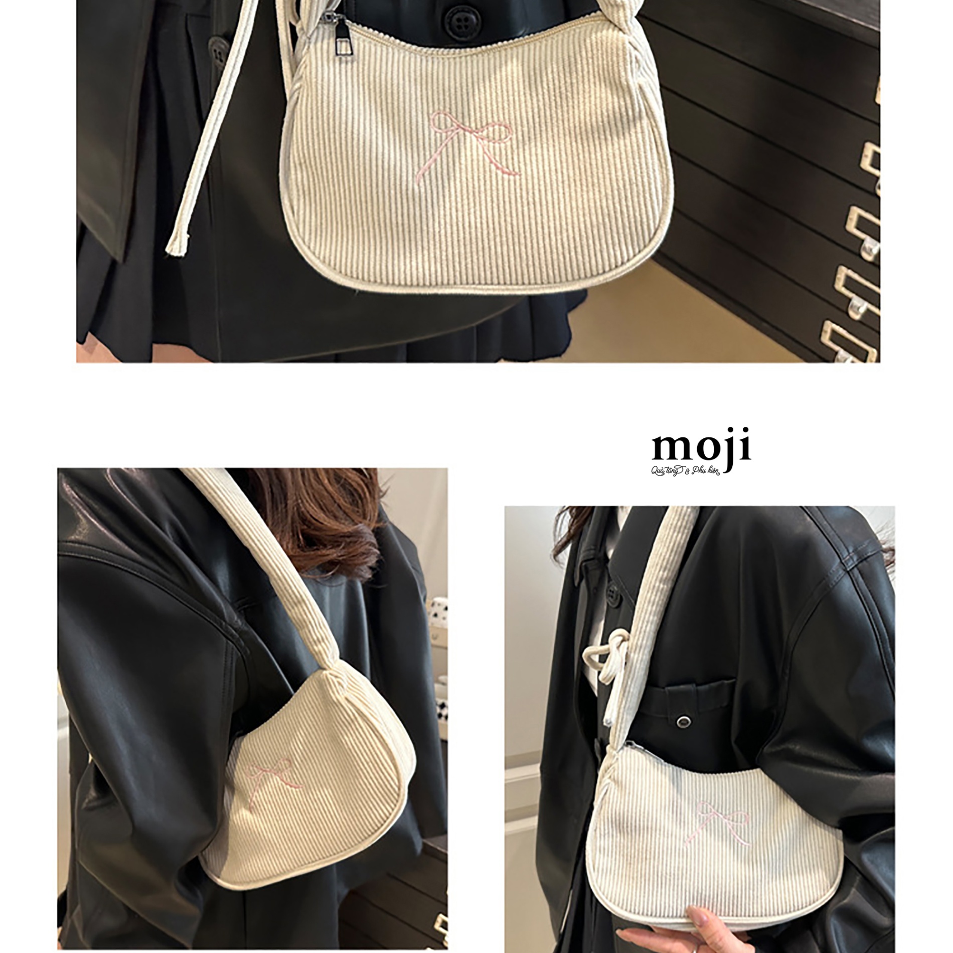 B.202 Túi đeo vải Nhung tăm bo cạnh dưới quai nhún đính nơ 15x20