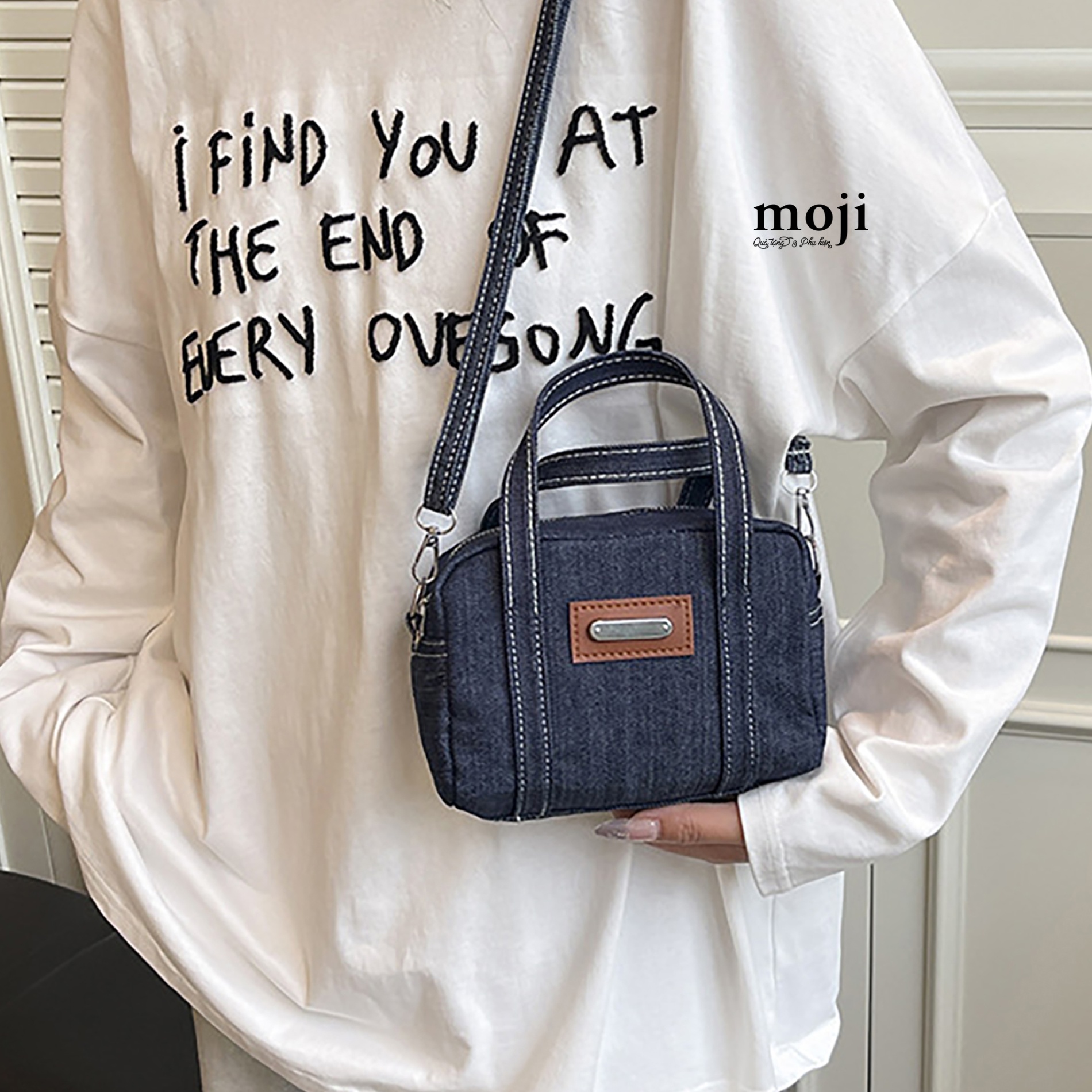 B.202 Túi đeo vải Một ngăn dáng hộp denim 9x13x17