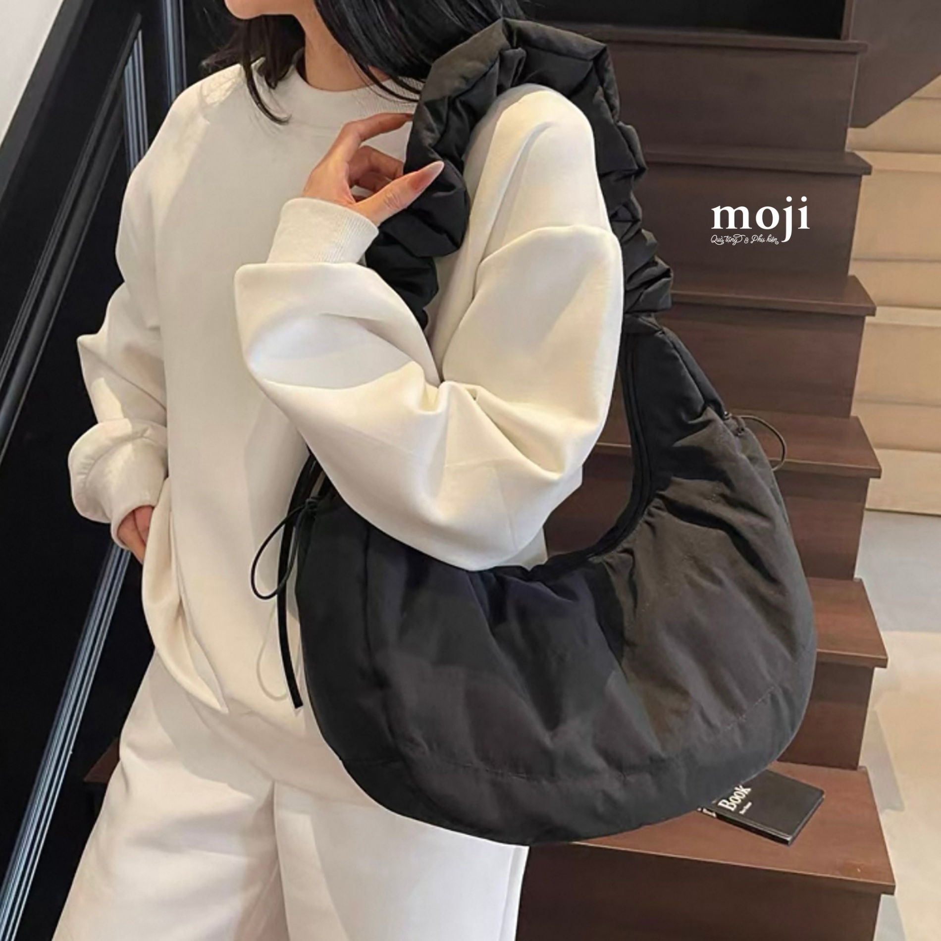 B.202 Túi đeo vải Basic một màu vải nhăn quai hông dây rút 15x20x38