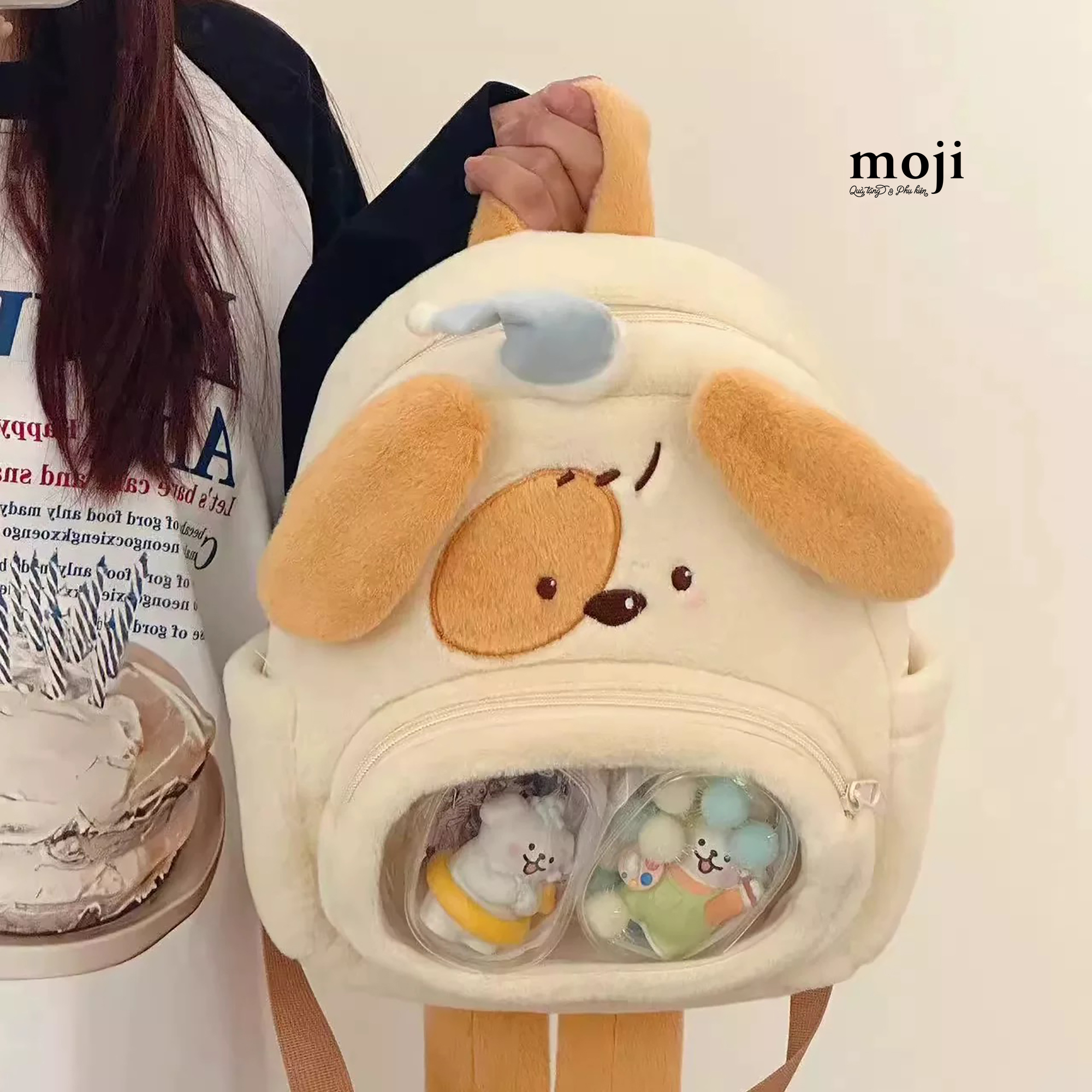 Balo vải lông xù Cute dog đội mũ có tai phối màu 10x25x28