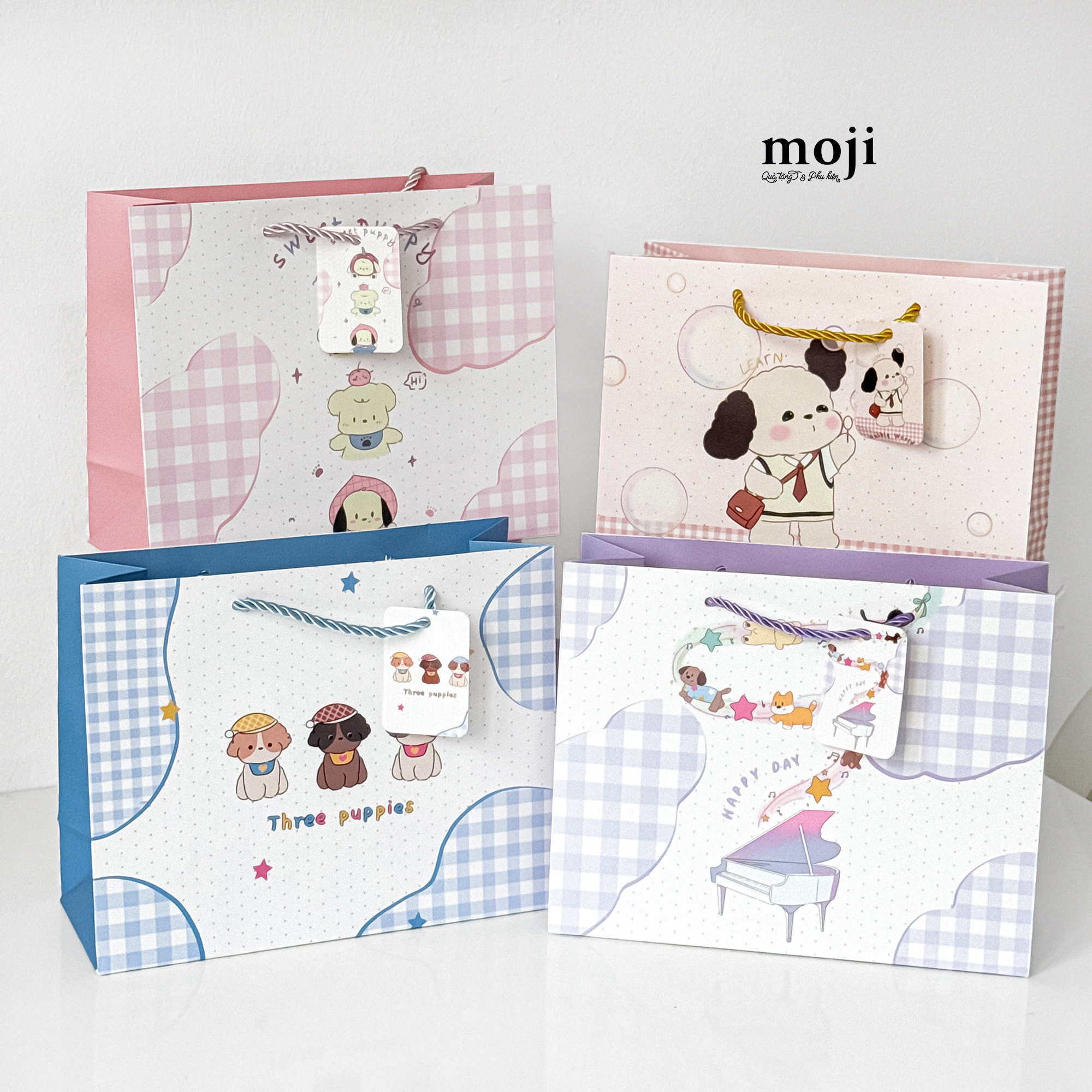 Bao túi quà Cute dog happy day nền chấm bi kẻ ô 10x20x25