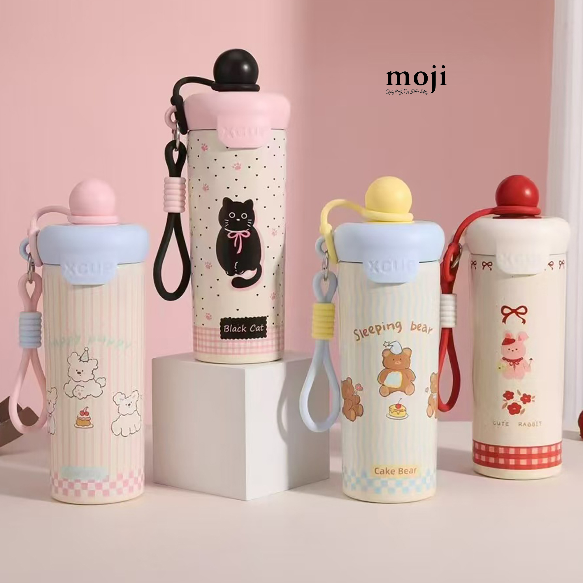 Bình nước giữ nhiệt Black cat cute rabbit cake dog nền họa tiết chấm bi kèm móc 600ml