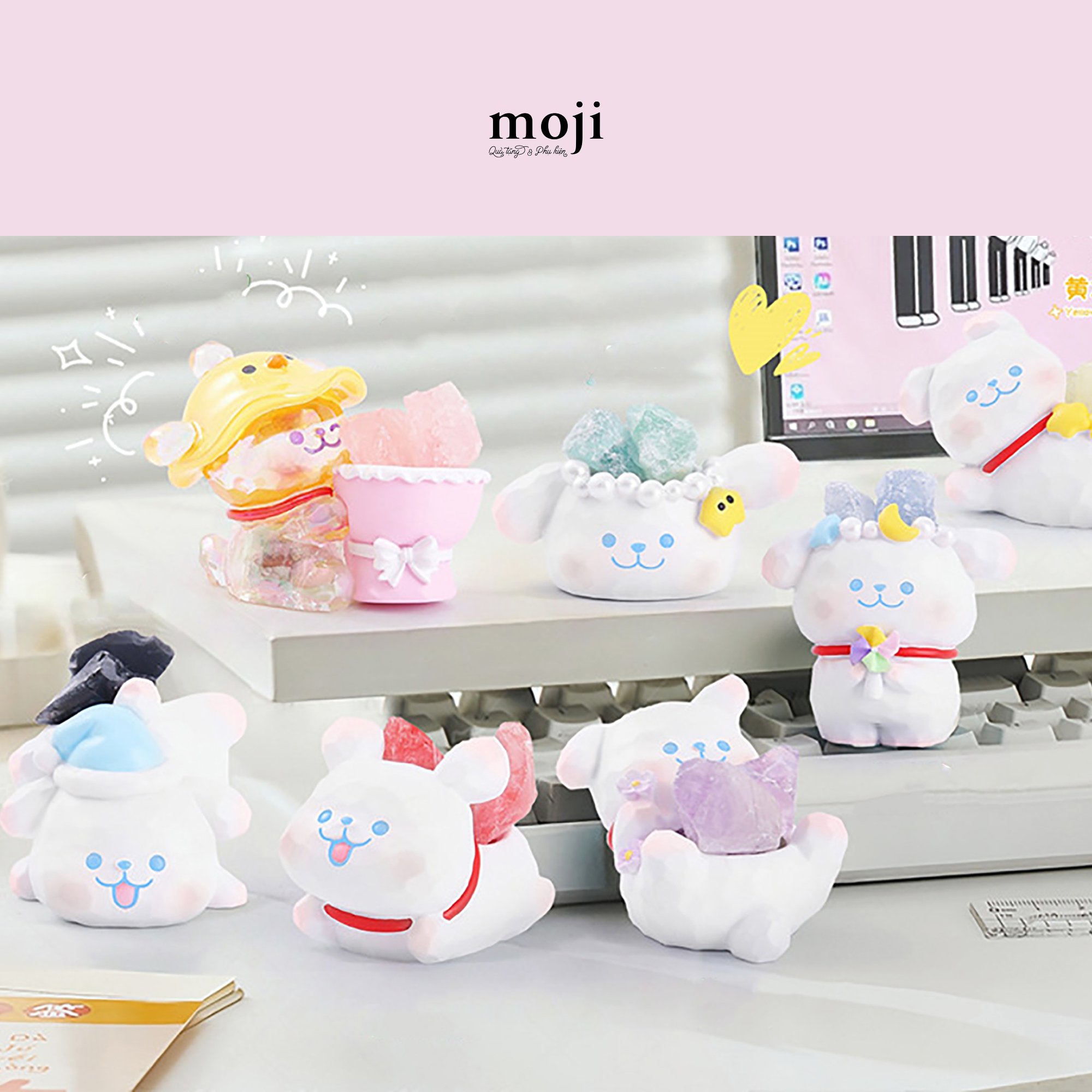 Blindbox hũ đá khuếch tán tinh dầu Cute dog activities má hồng hình khối