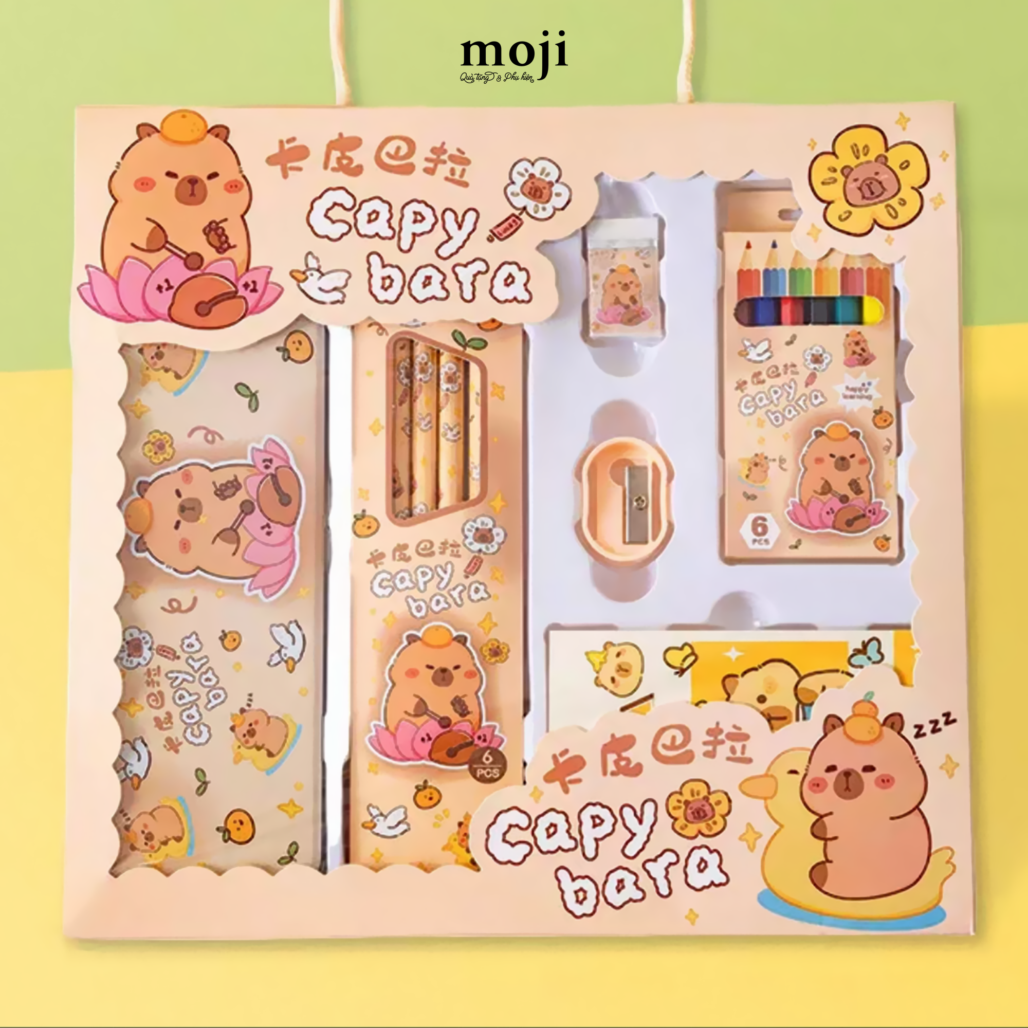 Bộ dụng cụ học tập Capybara flower tịnh tâm cưỡi vịt vàng set6