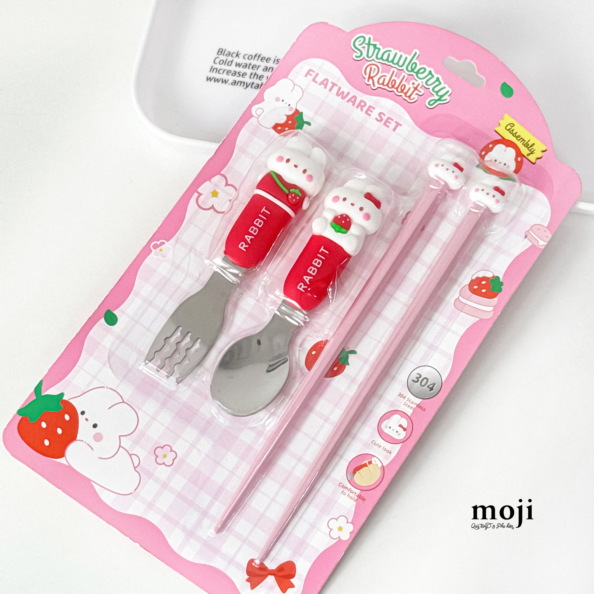 Bộ thìa đũa nĩa trẻ em Rabbit đeo túi dâu