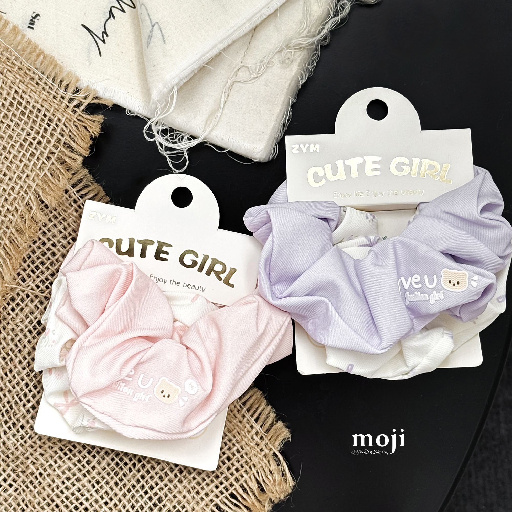 Buộc tóc set2 scrunchies Baby bear face love U hoa nơ nhỏ
