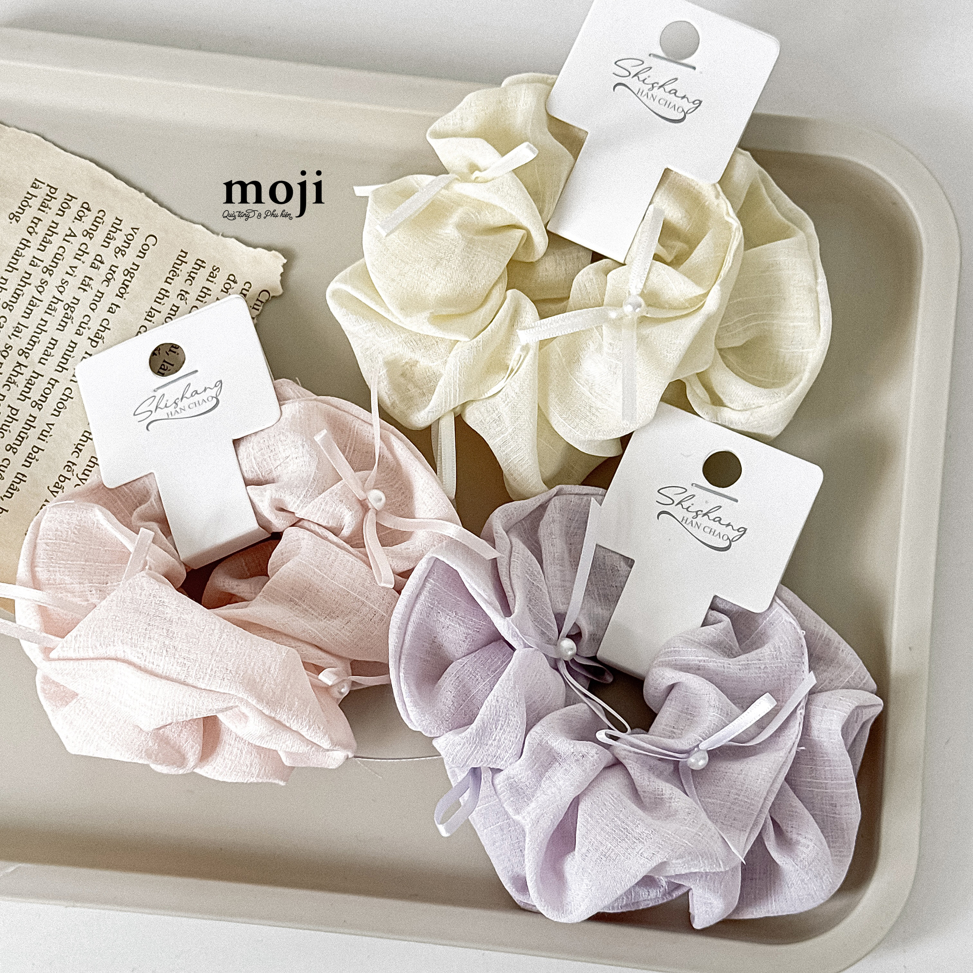 Buộc tóc set2 scrunchies Basic 1 màu đính nhơ ngọc trai