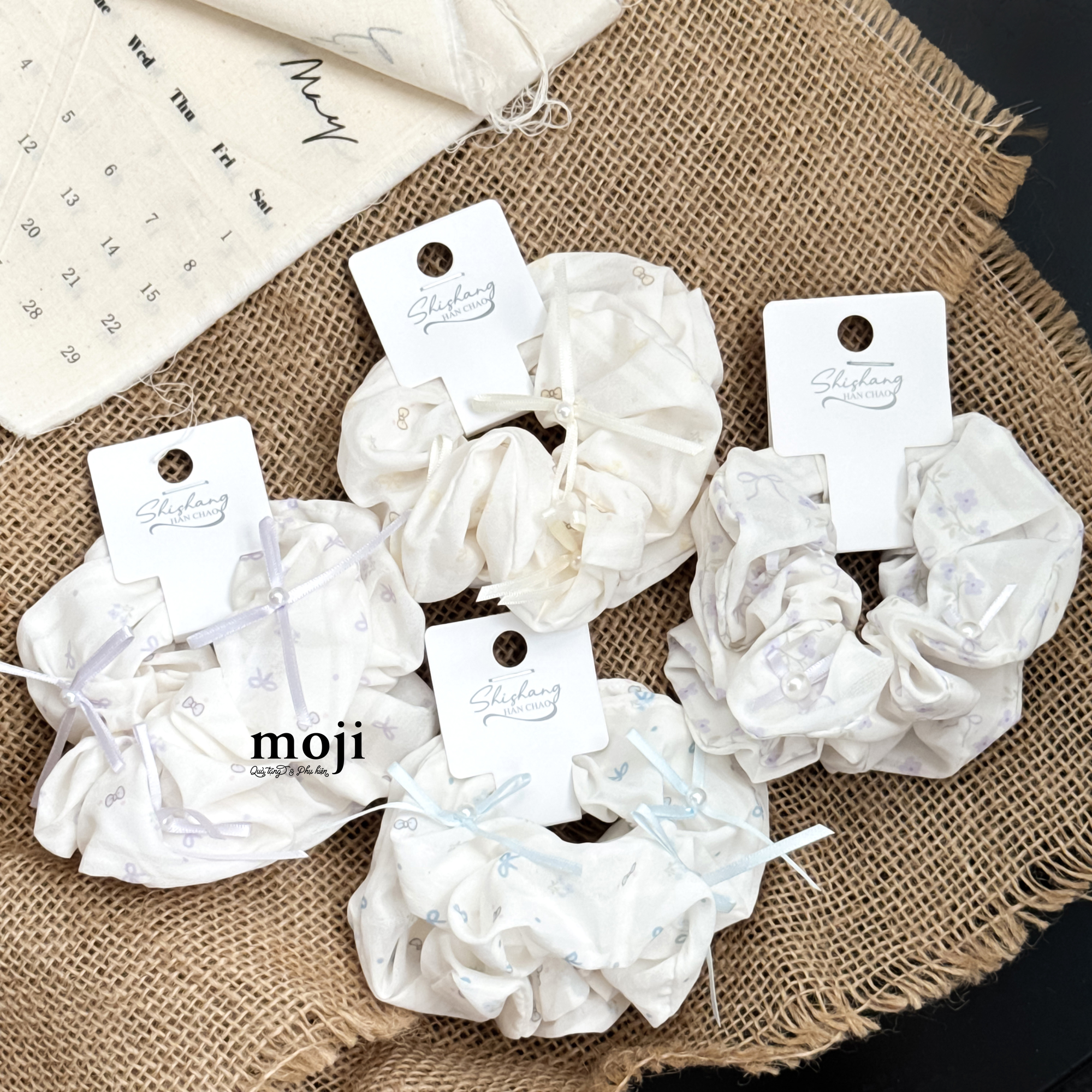 Buộc tóc set2 scrunchies Flower hoa nơ nhỏ đính ngọc trai
