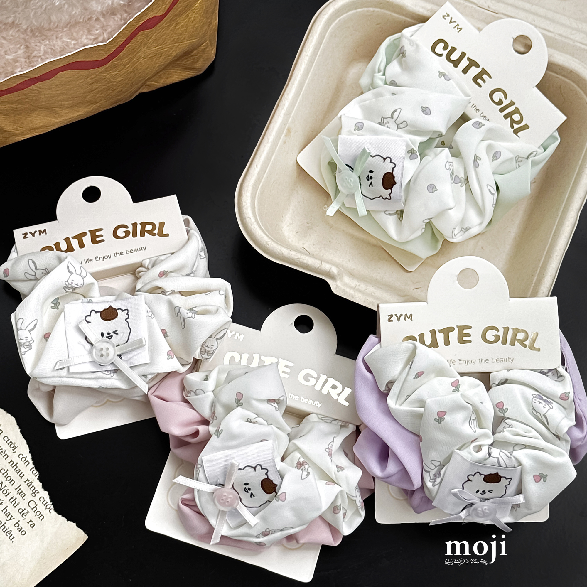 Buộc tóc set2 scrunchies Rabbit flower phối màu