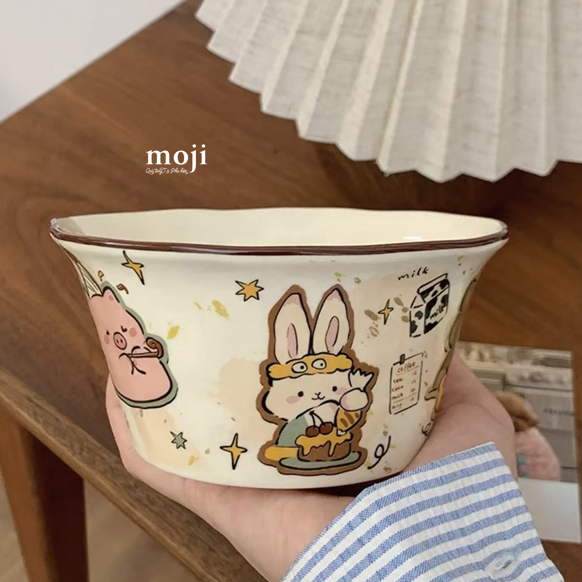 Chén bát gốm sứ Cute animal viền màu nền ngôi sao họa tiết 7x12