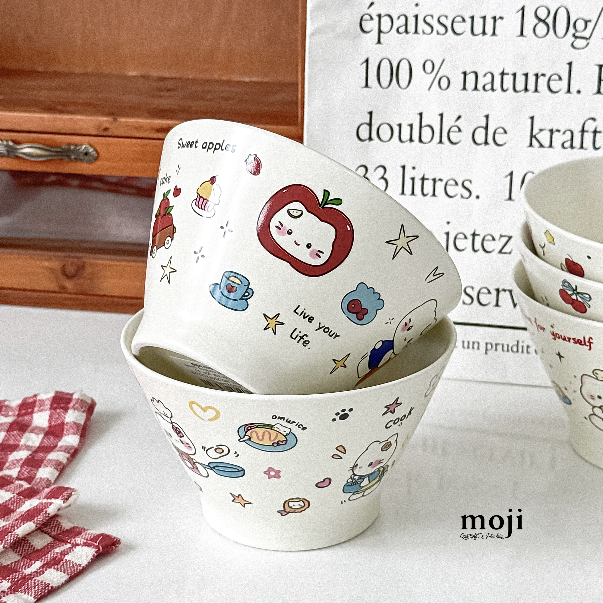Chén bát gốm sứ Cute cat cooking sweet apple 7x8