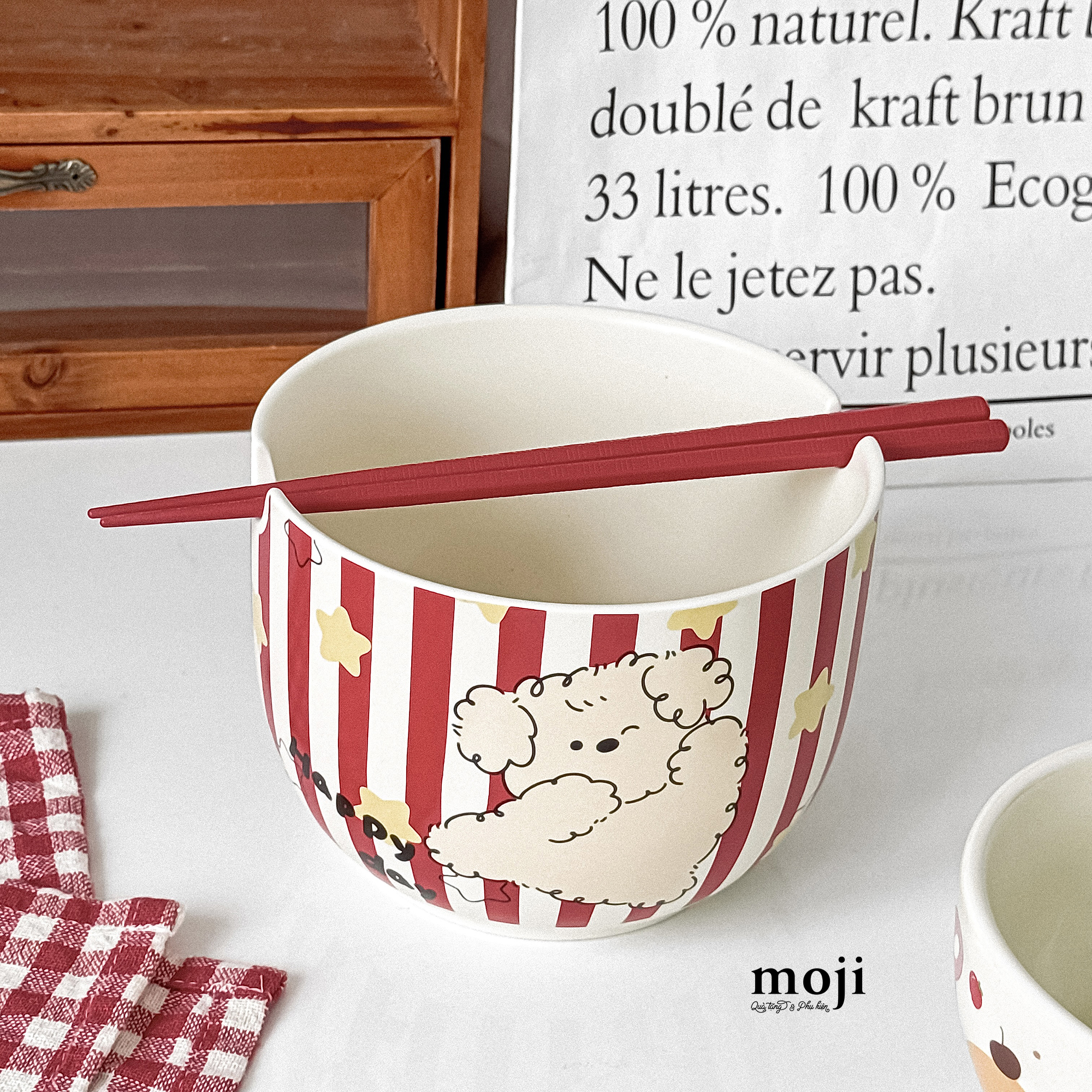 Chén bát gốm sứ Cute dog cún lông xù nền ngôi sao kẻ sọc gác đũa 12x15