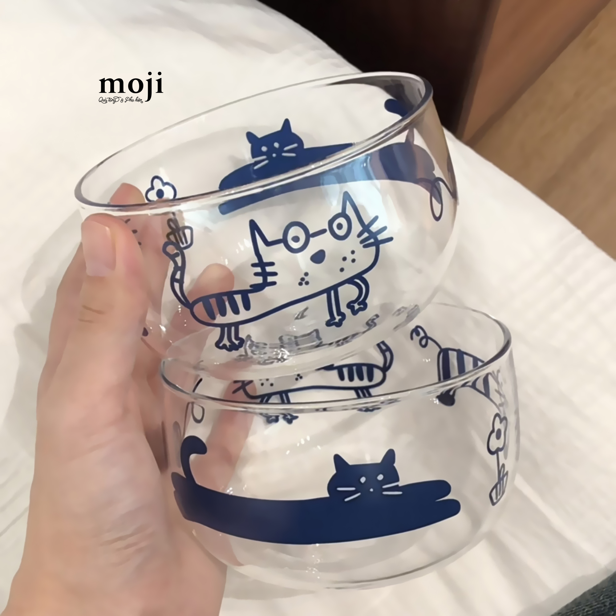 Chén bát thủy tinh Cute cat mèo thân dài 6x10