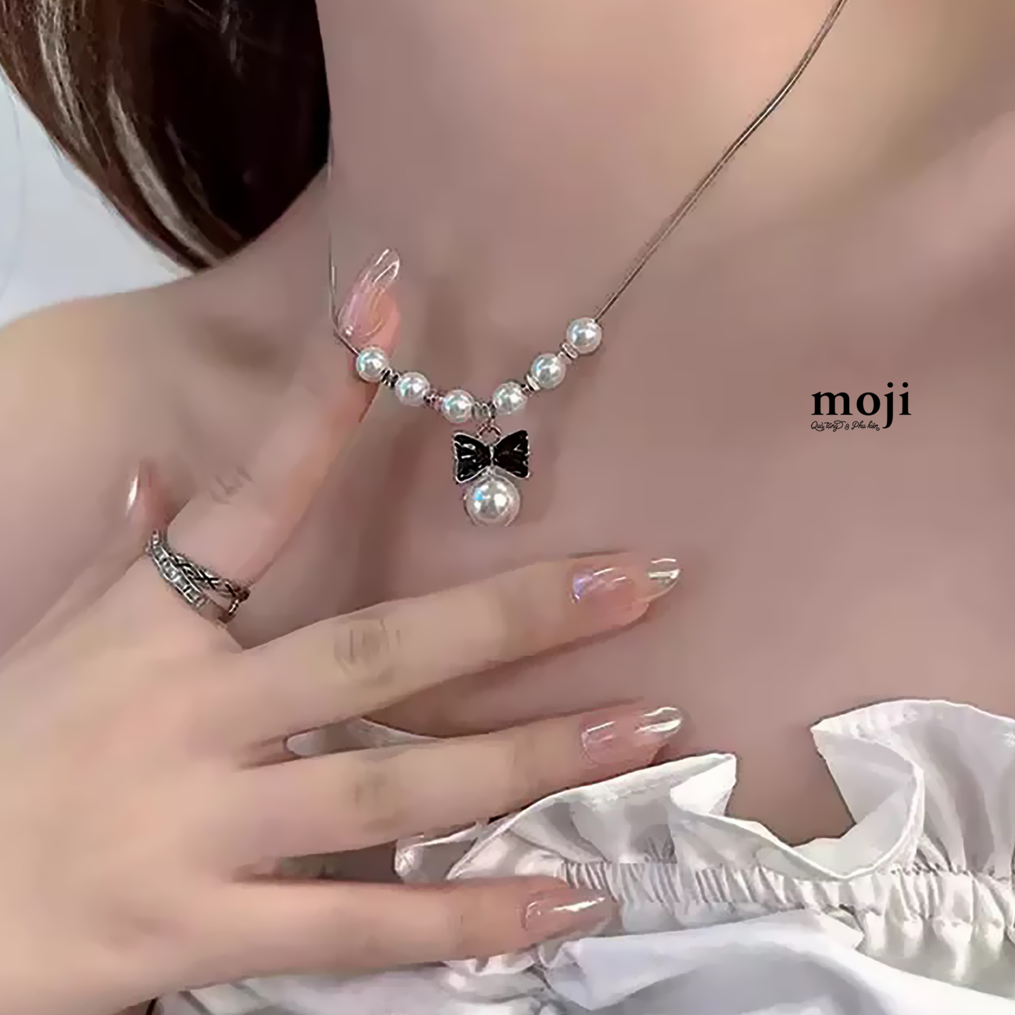 Dây chuyền mạ bạc Black bow nơ ngọc trai